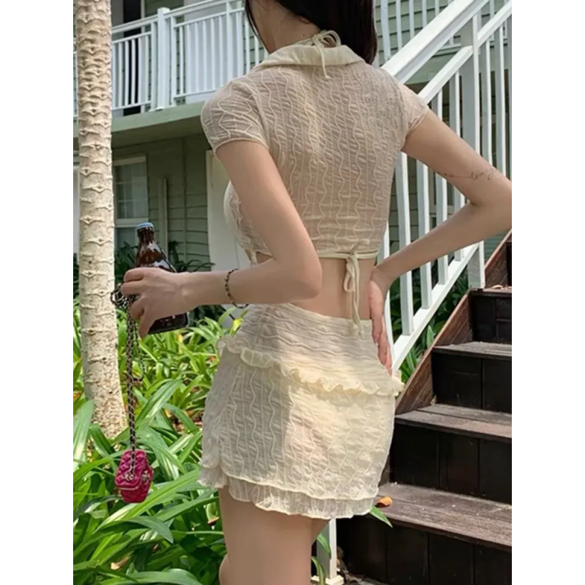 Ruffle Bikini Set – Sheer Short Sleeve Cover-Up with Skirt