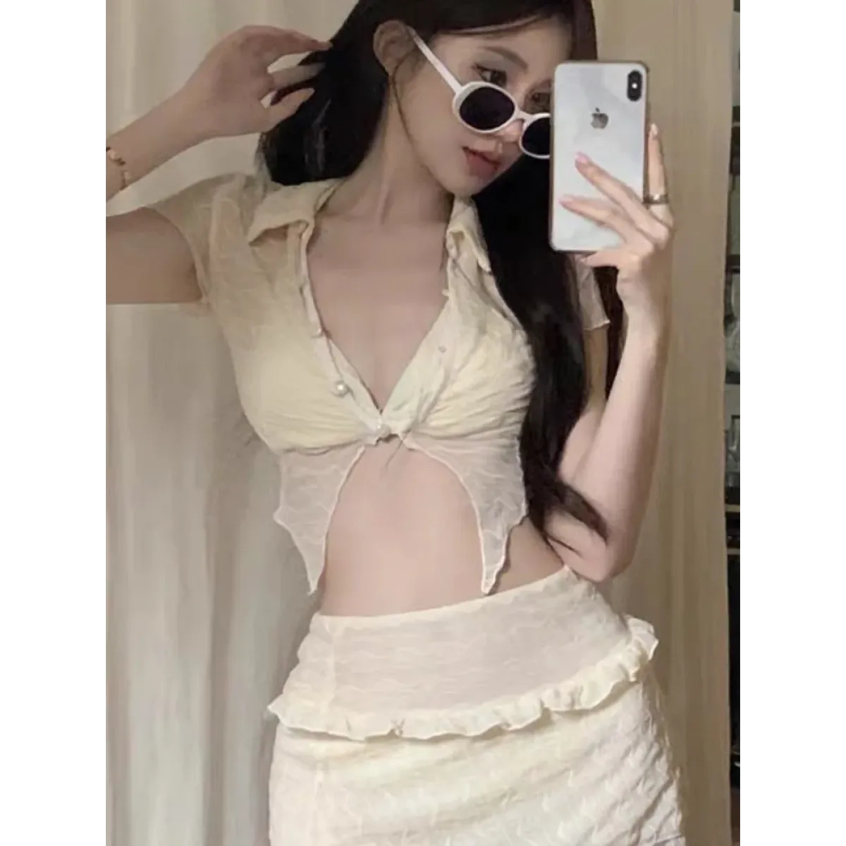 Ruffle Bikini Set – Sheer Short Sleeve Cover-Up with Skirt