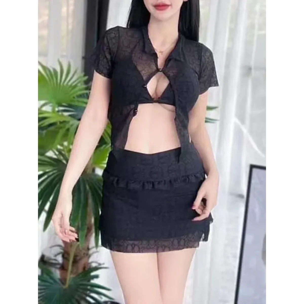 Ruffle Bikini Set – Sheer Short Sleeve Cover-Up with Skirt