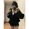 Black Faux Fur Hooded Zip-Up Jacket – Oversized Harajuku Style