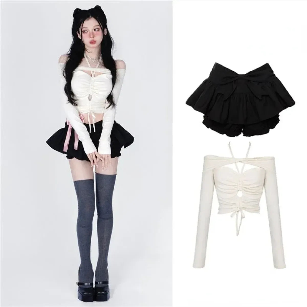 Off-Shoulder Crop Top & Black Mini Skirt Set – Kawaii Y2K