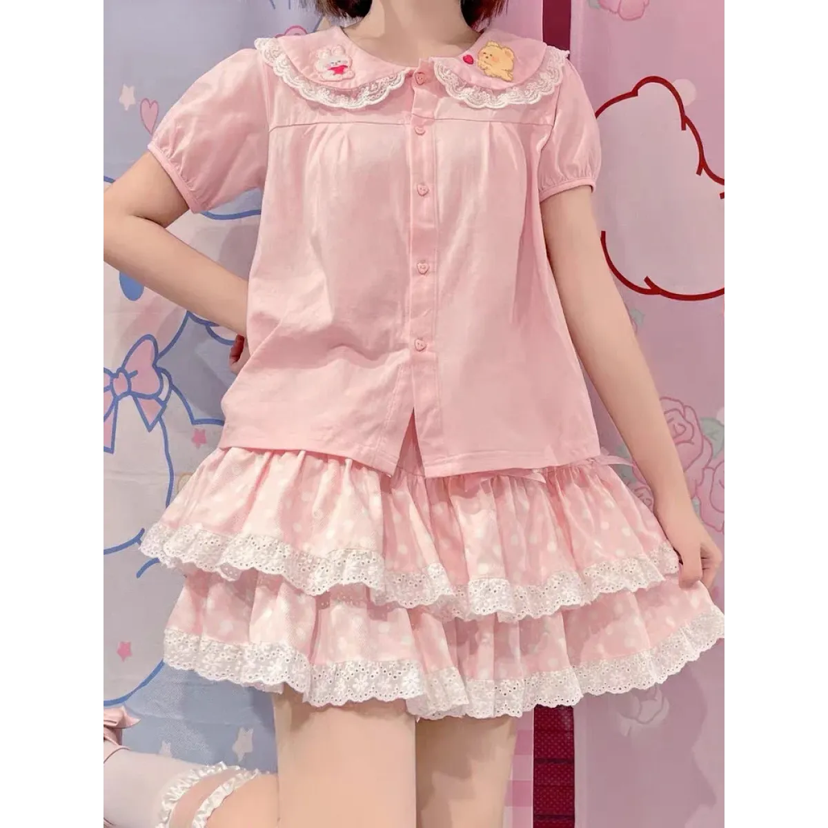 Sweet Bow Lace Ruffles Pleated Skirt - Kawaii Cake Skirt