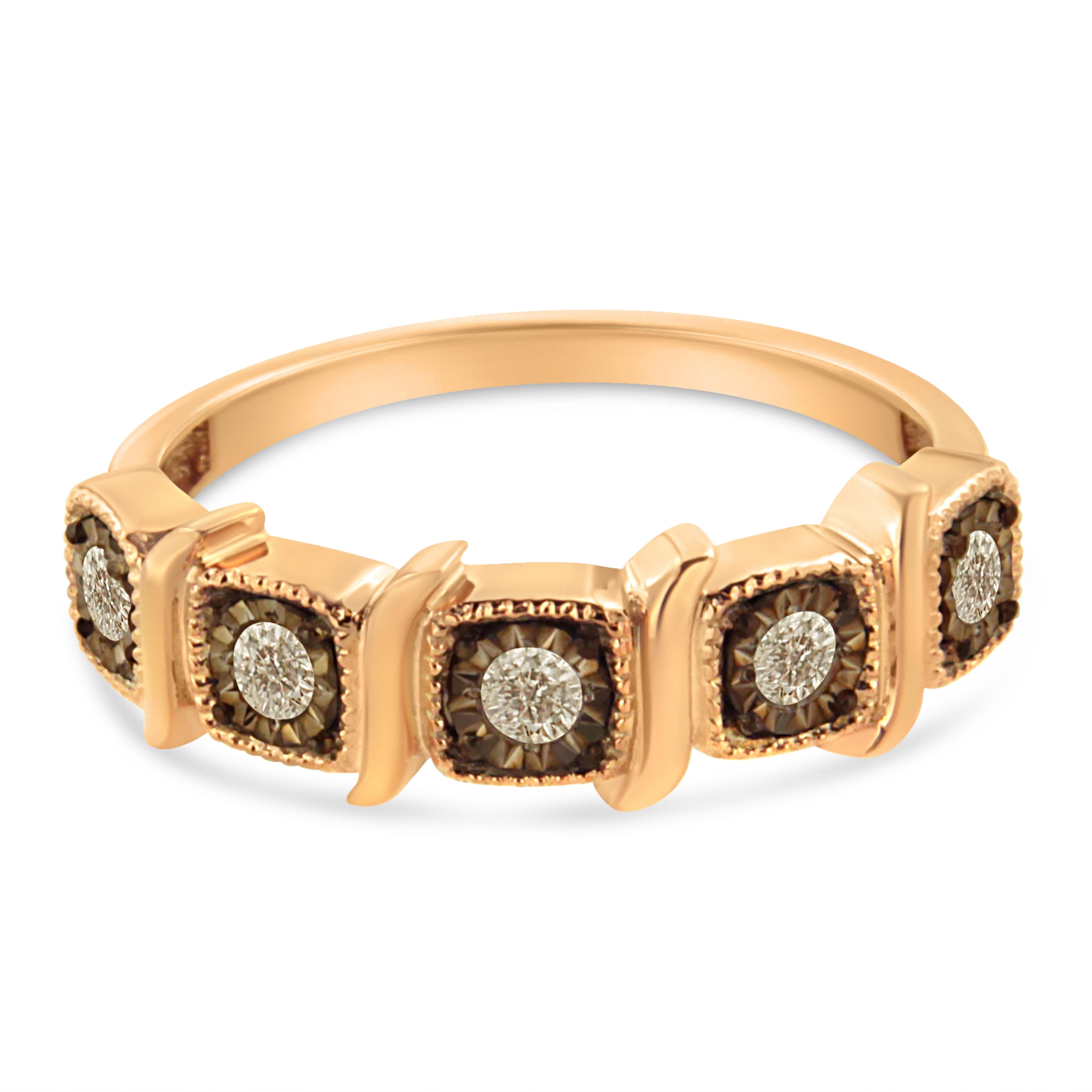 10K Rose Gold Flashed .925 Sterling Silver Miracle-Set Diamond 5-Stone Band Ring (1/4 Cttw, J-K Color, I1-I2 Clarity) - Size 7