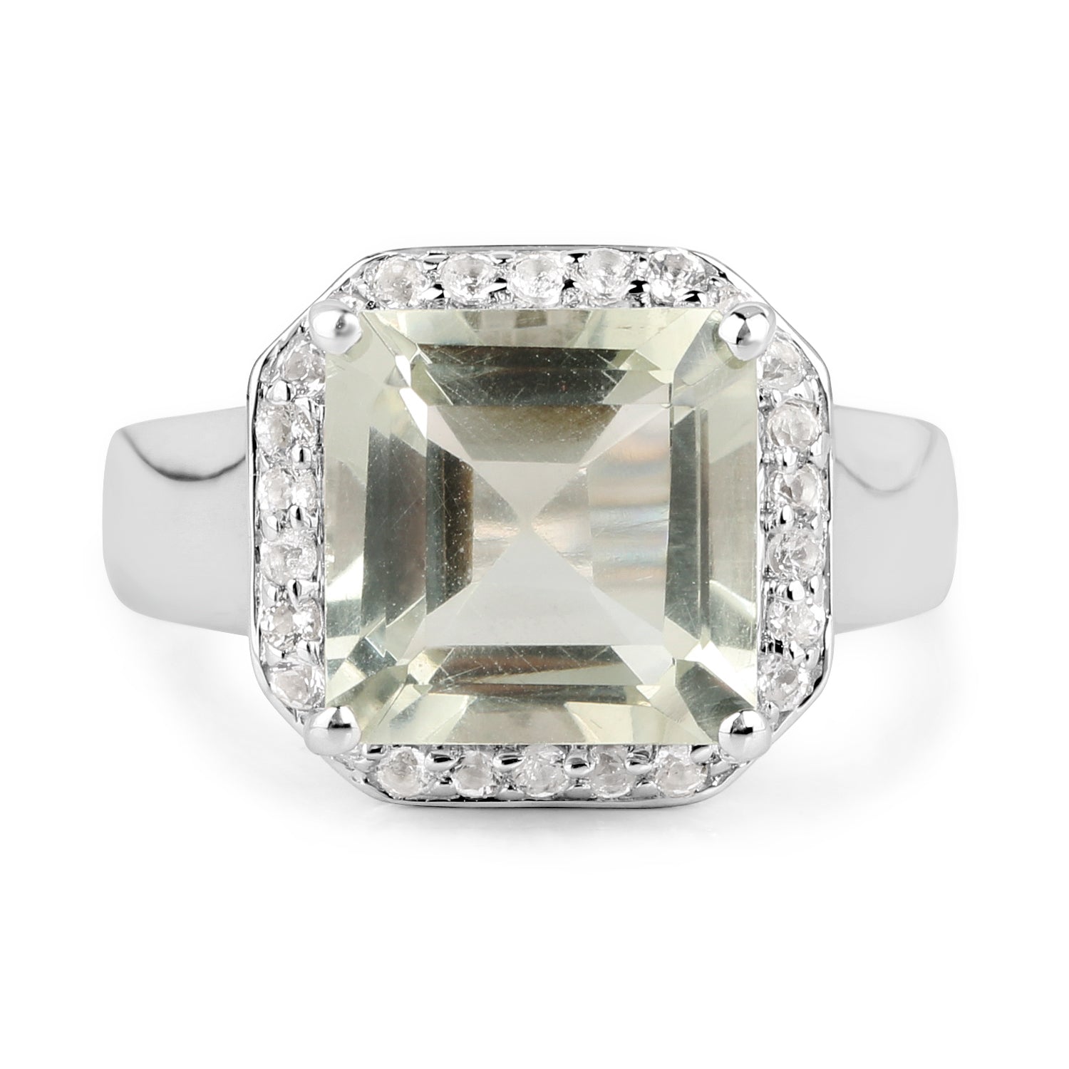 4.52 Carat Genuine Green Amethyst and White Topaz .925 Sterling Silver Ring