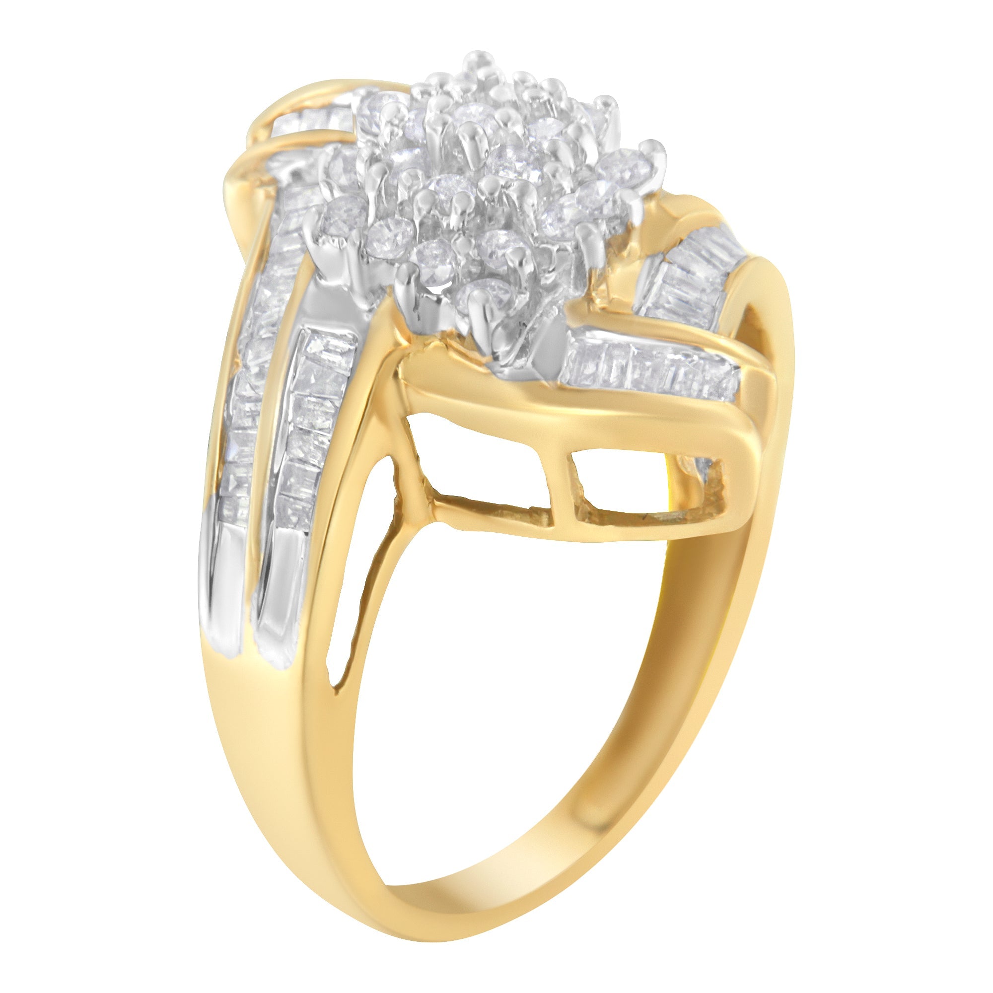 10K Yellow Gold Round and Baguette-Cut Diamond Bypass Cluster Ring (1.0 Cttw, I-J Color, I1-I2 Clarity) - Size 8