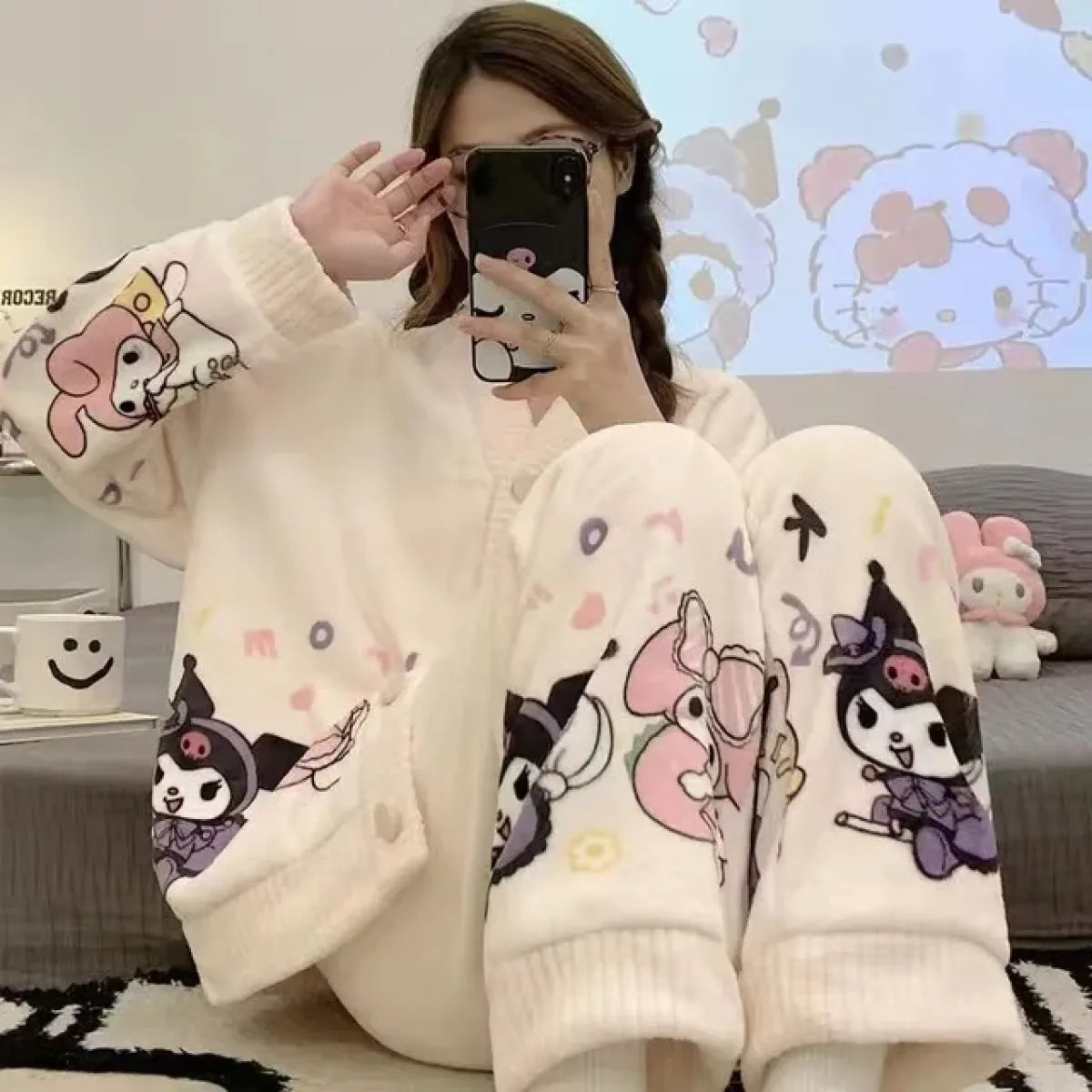 Hello Kitty Kuromi My Melody Cinnamoroll Flannel Pajamas
