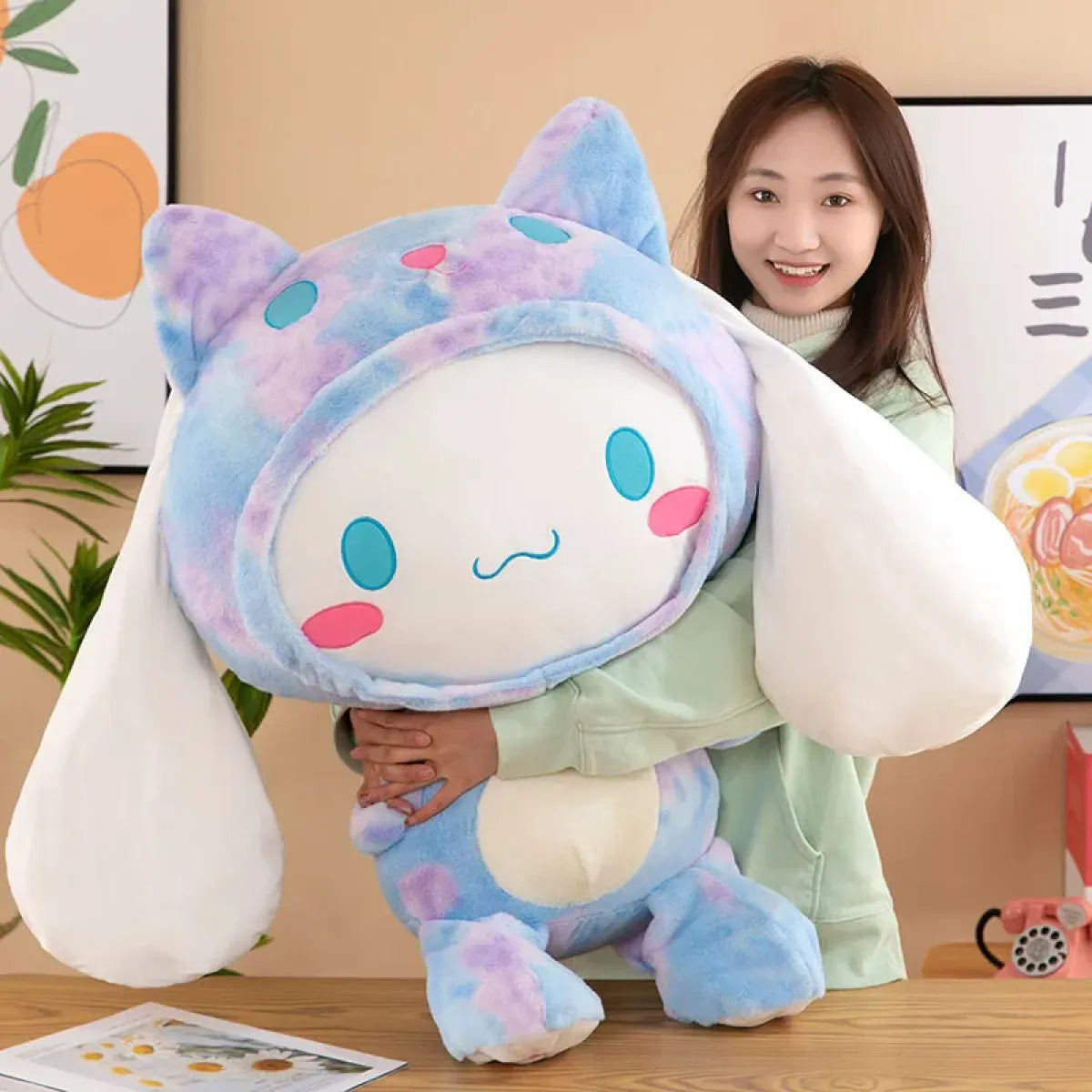 Large Kawaii Cinnamoroll Plush – Pastel Tie-Dye Comfort Pillow Toy