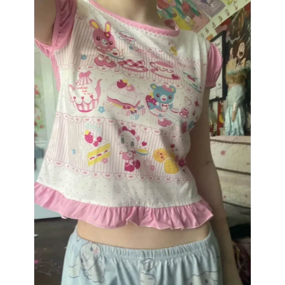 Harajuku Ruffle Cartoon Crop Tee