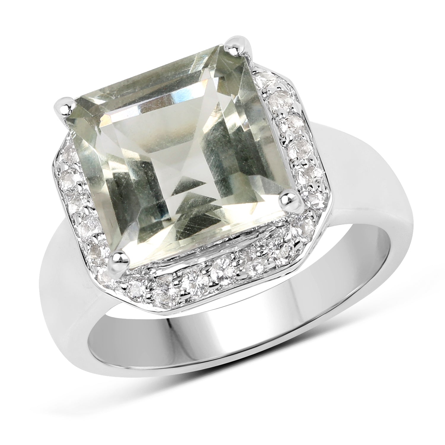 4.52 Carat Genuine Green Amethyst and White Topaz .925 Sterling Silver Ring
