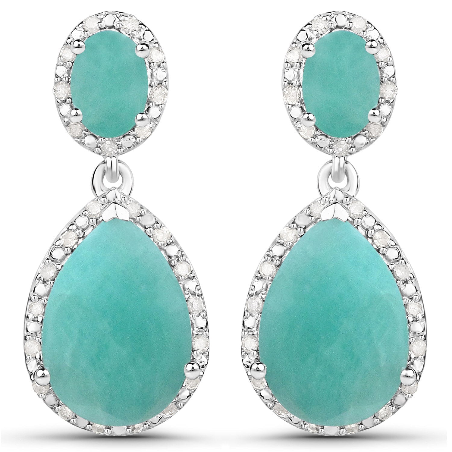 9.64 Carat Genuine Emerald and White Diamond .925 Sterling Silver Earrings