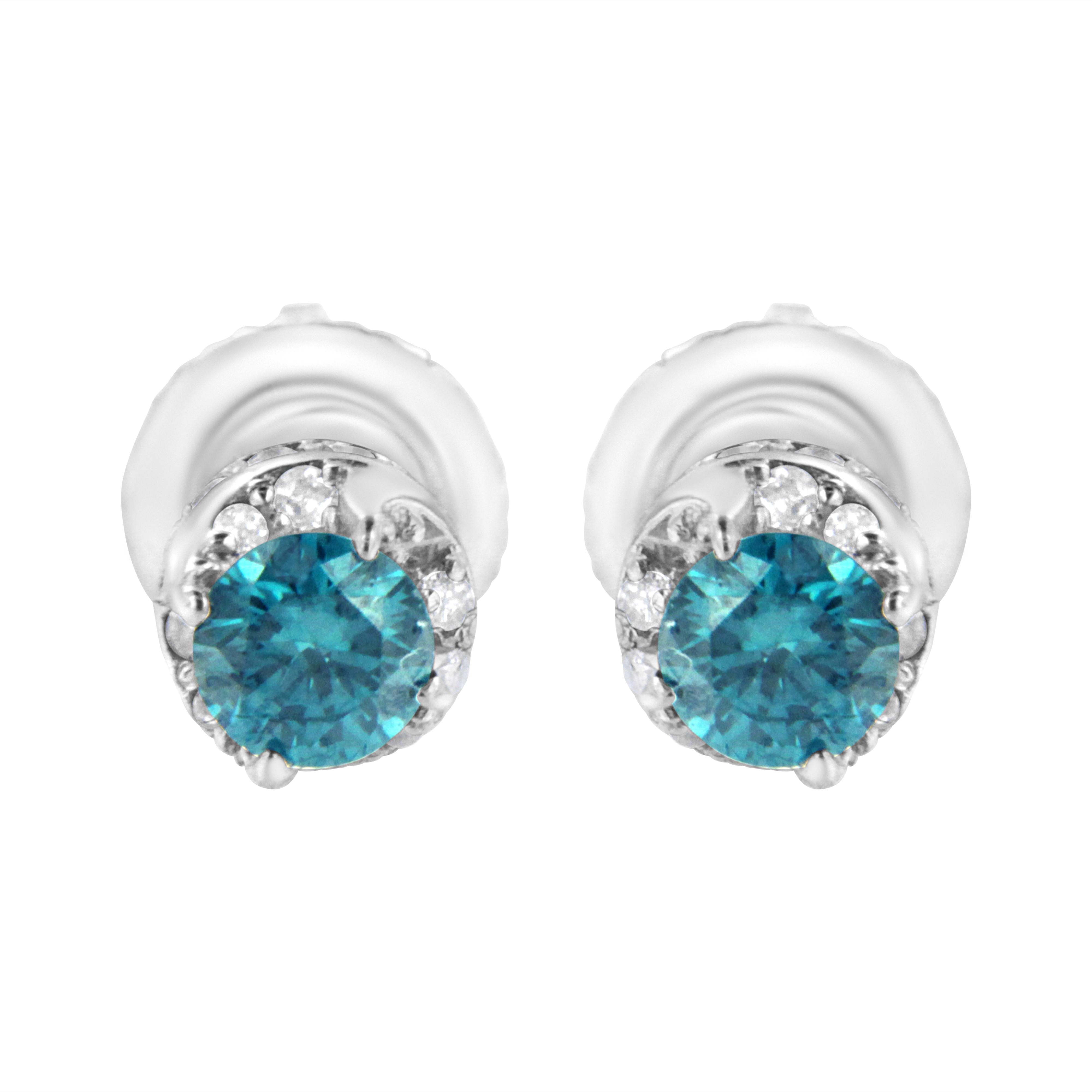 14K White Gold 1/2 cttw White and Treated Blue Round Diamond Earrings (I-J I2-I3)