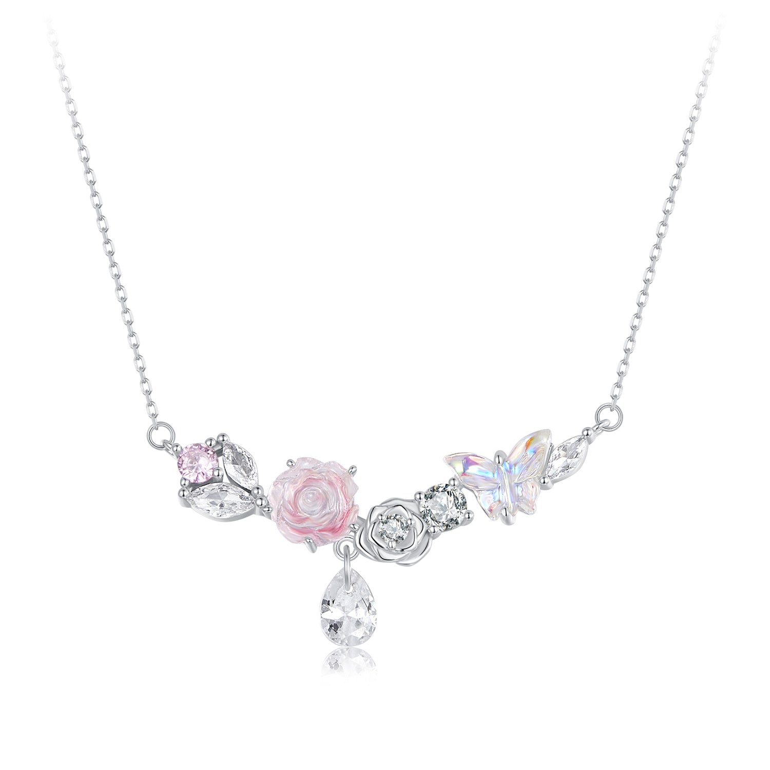 925 Sterling Silver Necklace with CZ & Resin Pendant, 18x39mm, Plated with White Gold