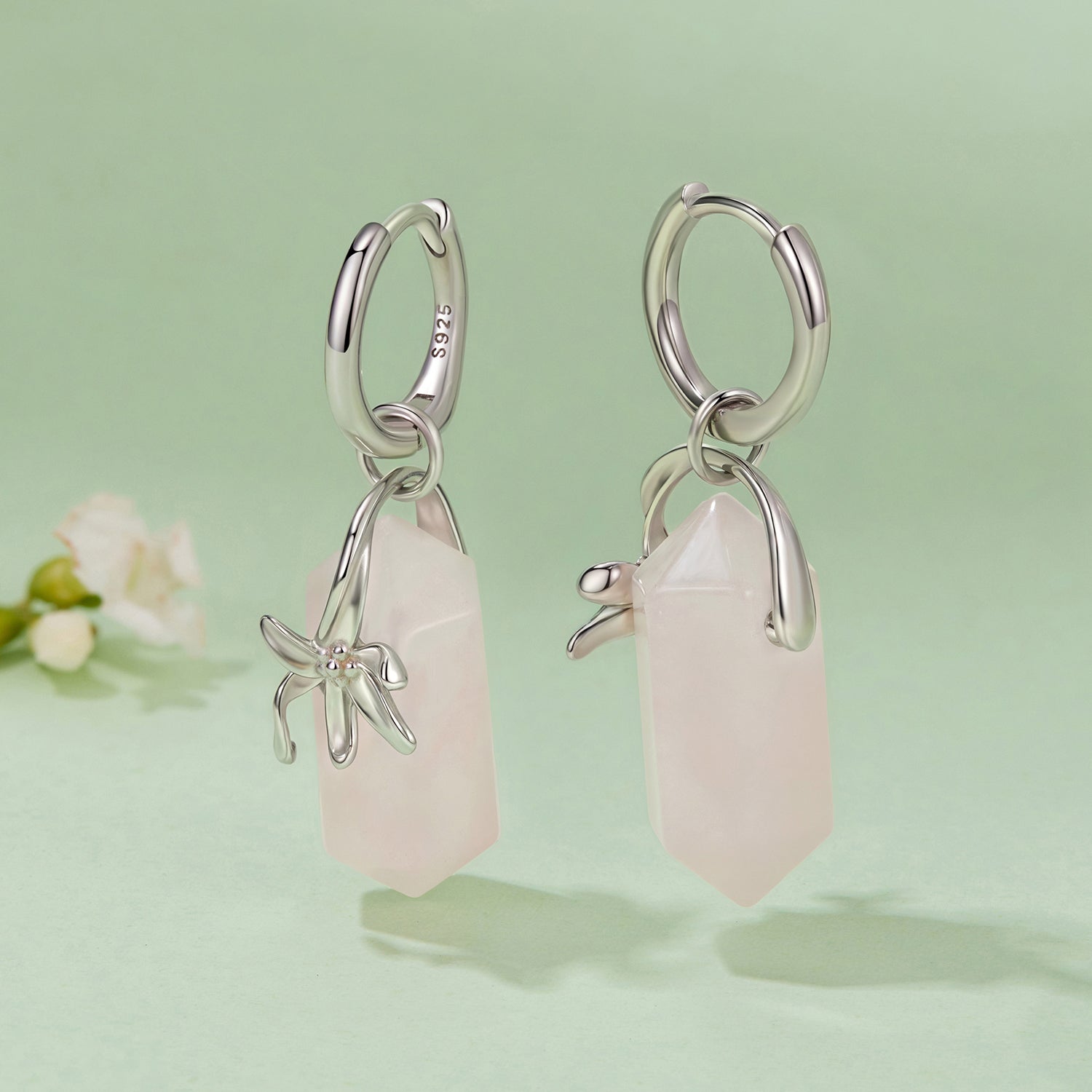 925 Sterling Silver Earrings with Natural Crystal and White Gold Plating