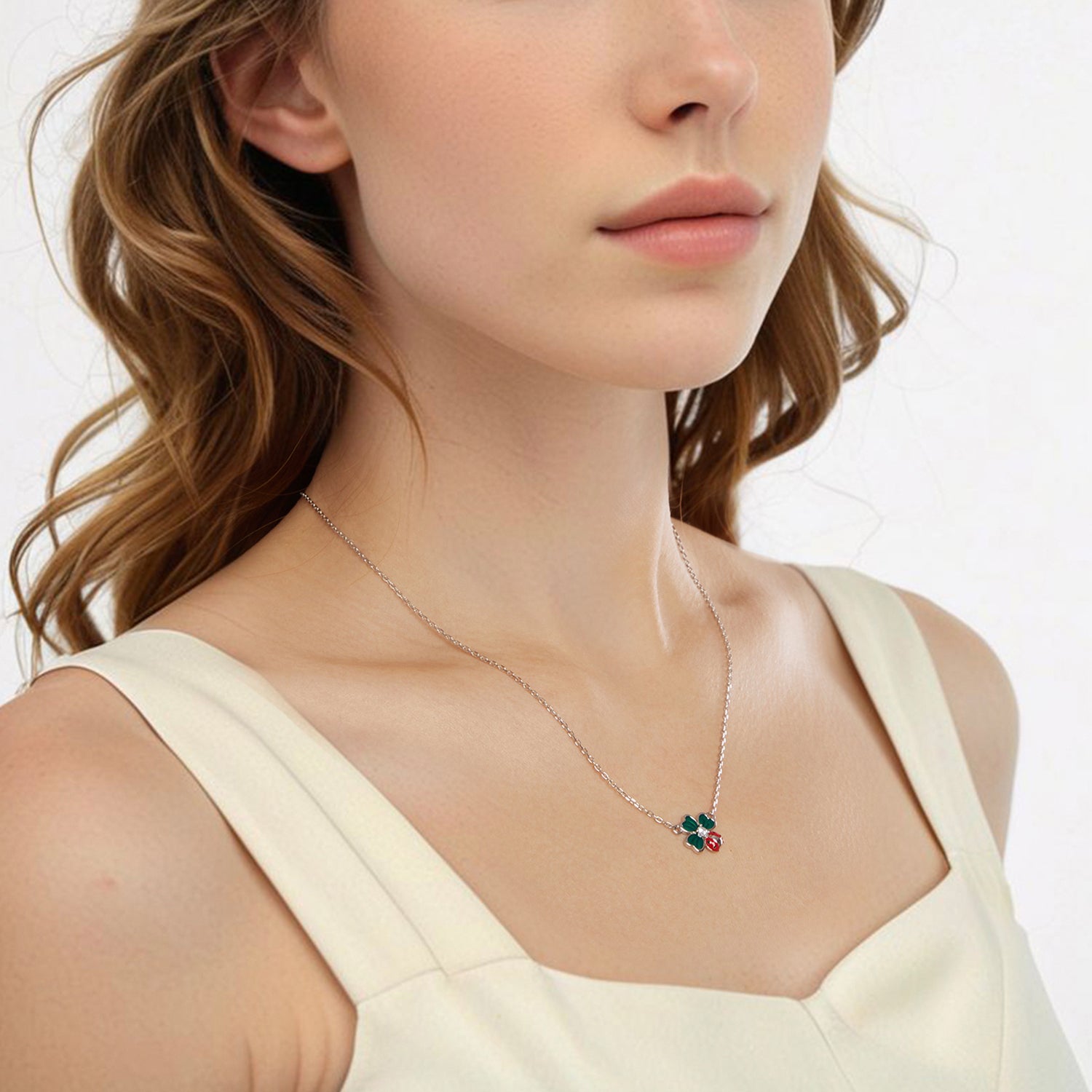 925 Sterling Silver Necklace with Enamel, White Gold Plated, 40+5 cm Chain Length, Women's Jewelry