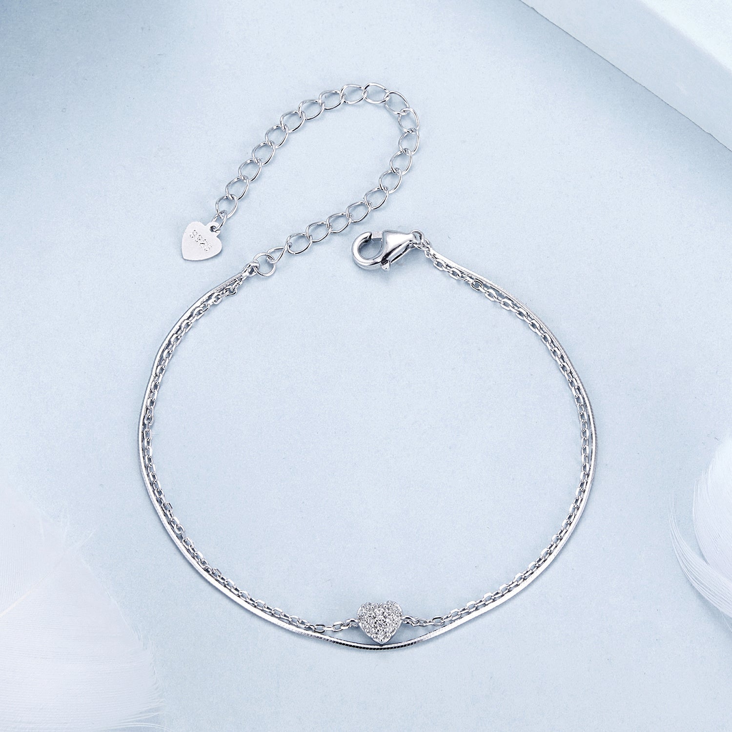 925 Sterling Silver White Gold Plated Heart-Shaped Bracelet with CZ, Length 150+60mm