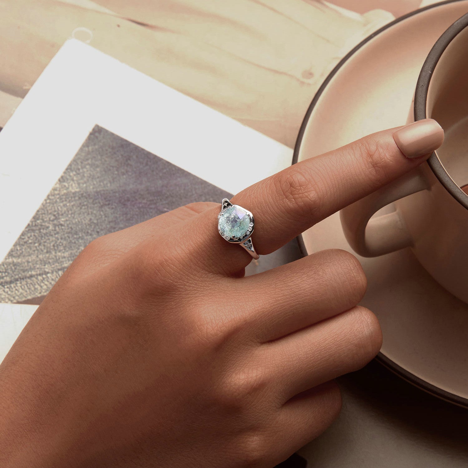 925 Sterling Silver Ring Size 6.0 with 11mm CZ & Transparent Glass for Women