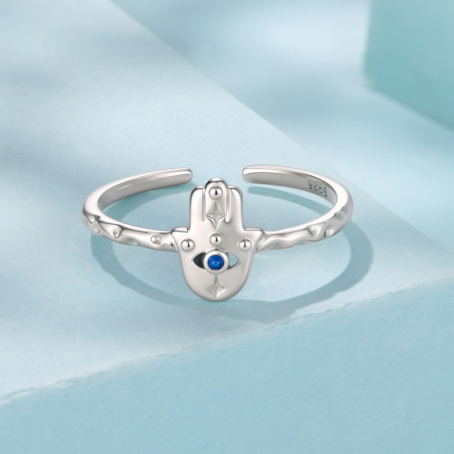 925 Sterling Silver Hamsa Hand Ring with Synthetic Spinel for Women