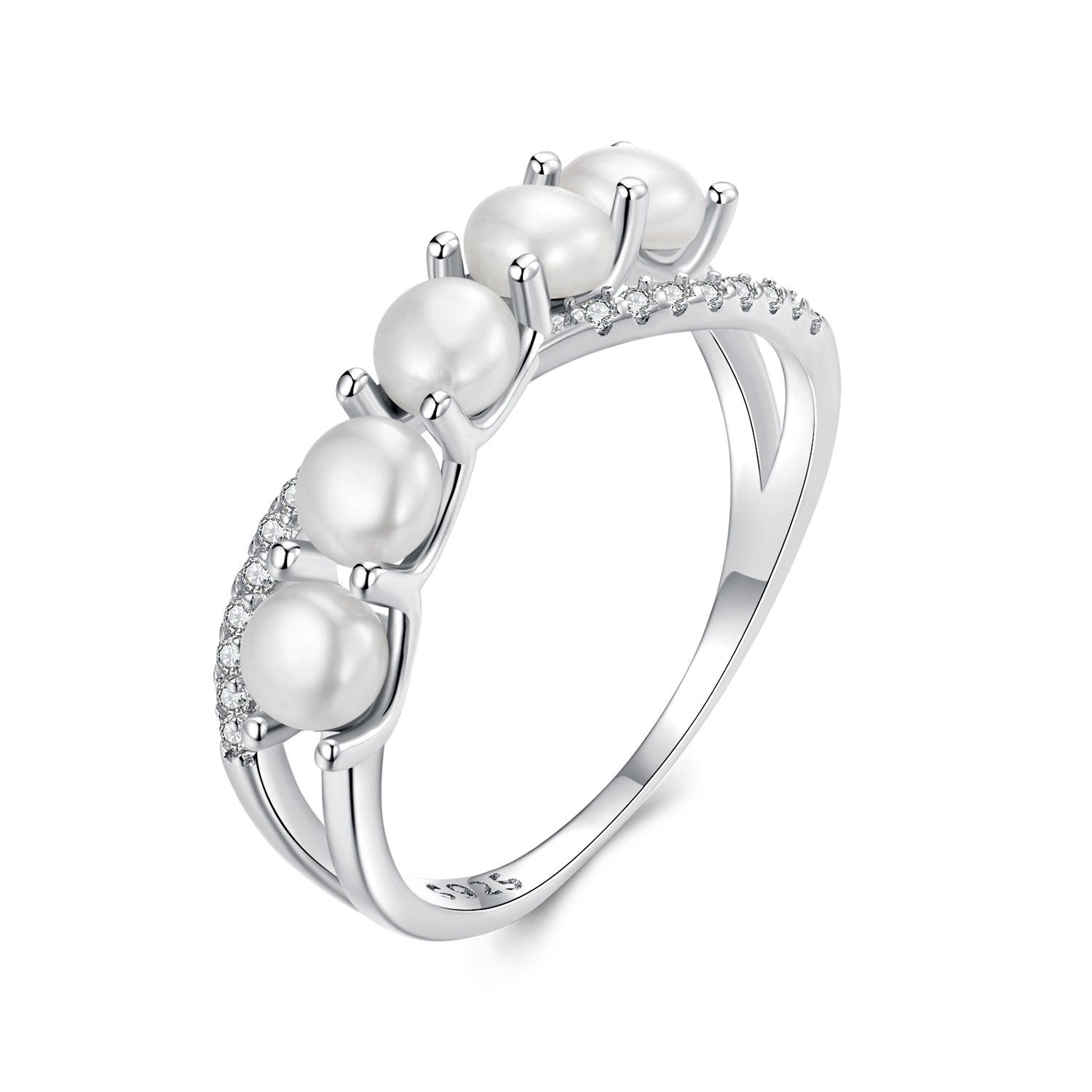 925 Sterling Silver White Gold Plated Freshwater Pearl Ring Size 6 for Women