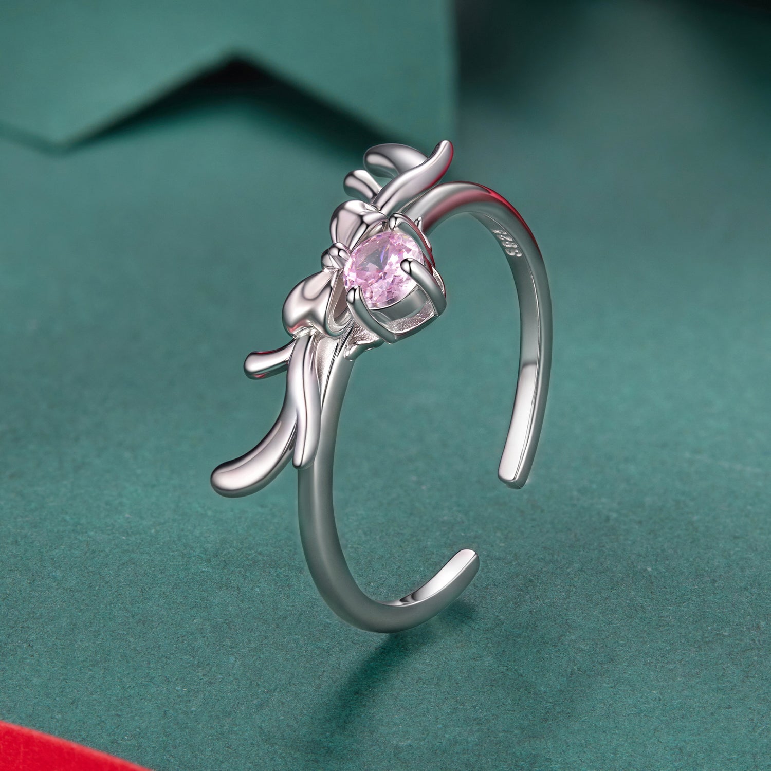 925 Sterling Silver White Gold Plated Bow-Knot Ring with CZ for Women