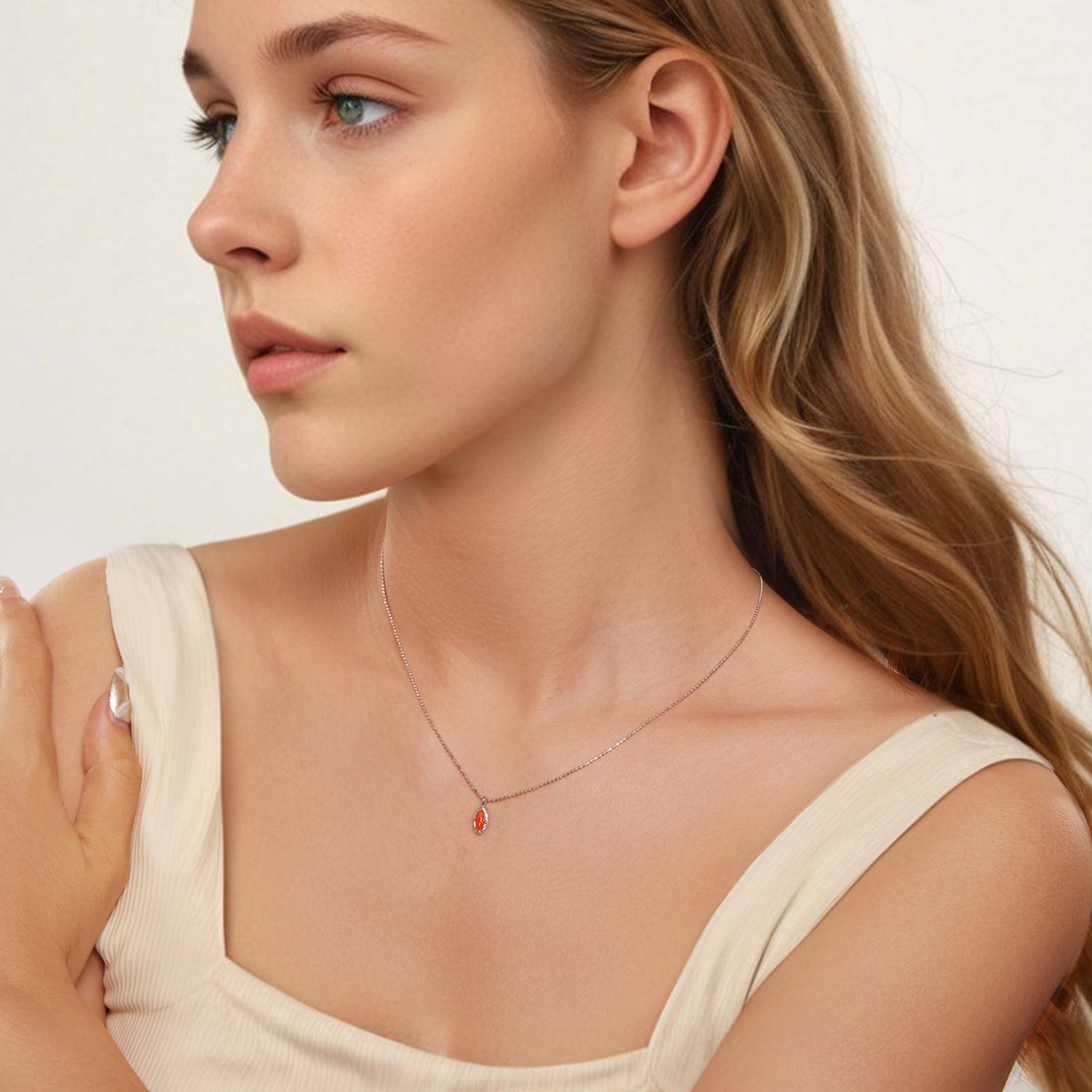 925 Sterling Silver Necklace with Synthetic Opal Pendant, 45cm, Plated White Gold for Women