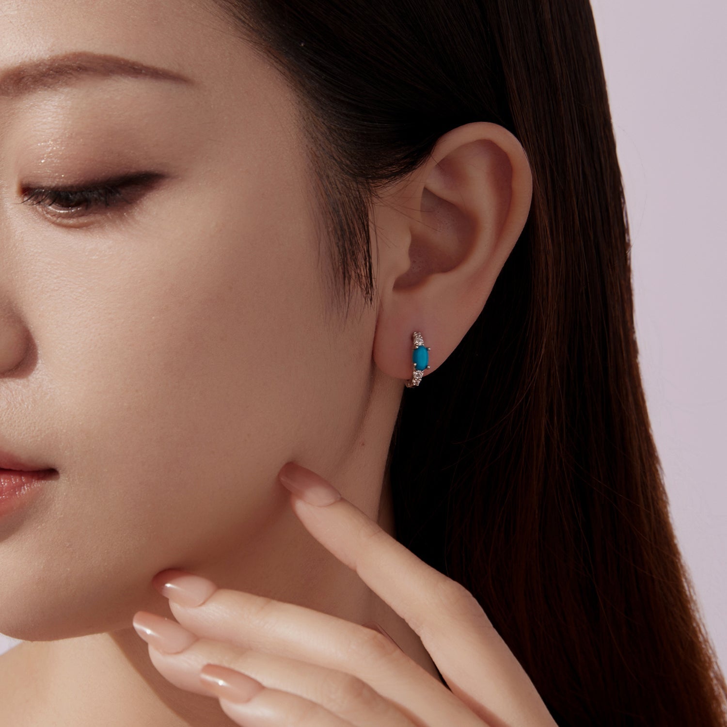 925 Sterling Silver Earrings with Synthetic Turquoise and CZ, White Gold Plated, 1.0cm Hoop for Women