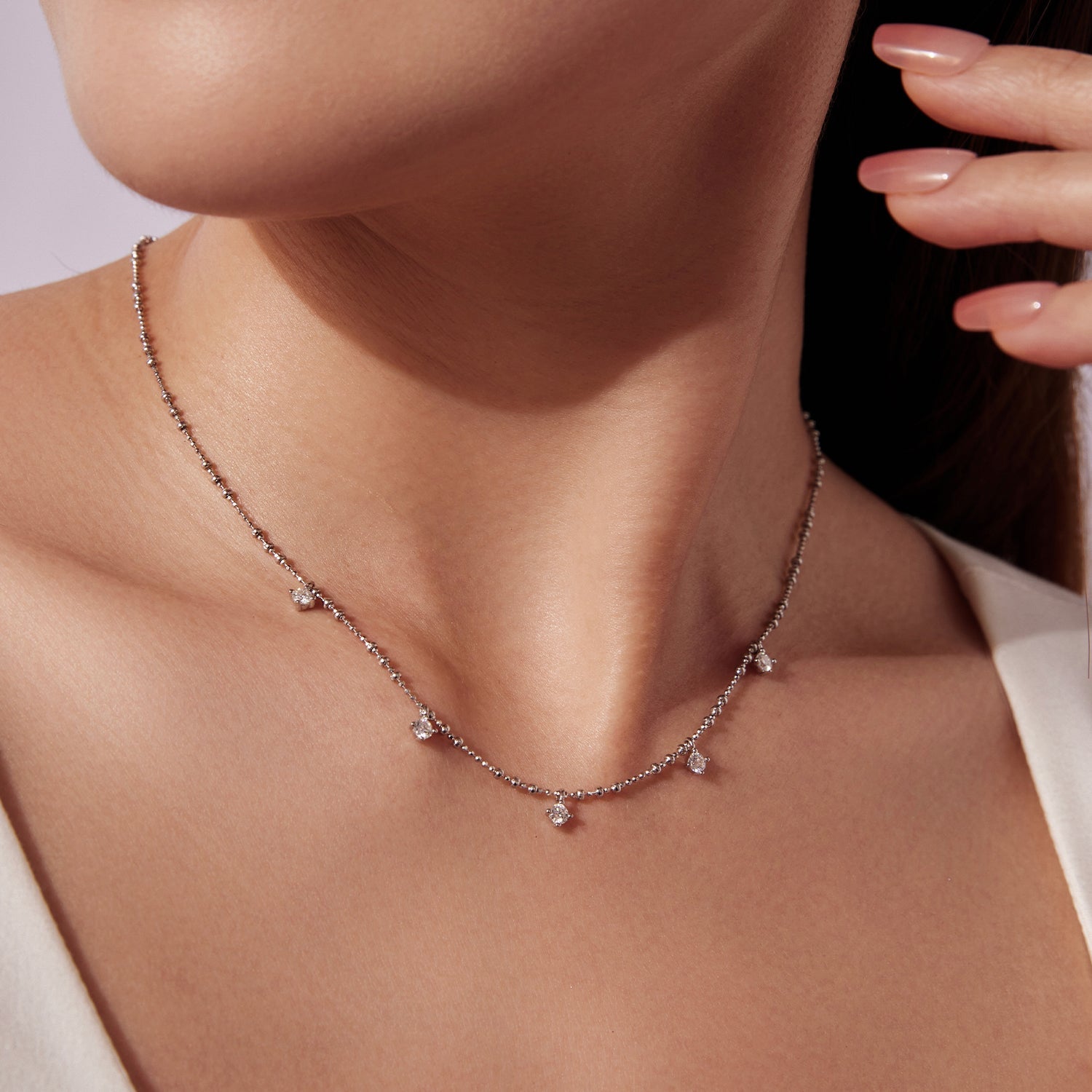 925 Sterling Silver 0.10ct Moissanite Necklace in White Gold, 40+5cm Chain for Women