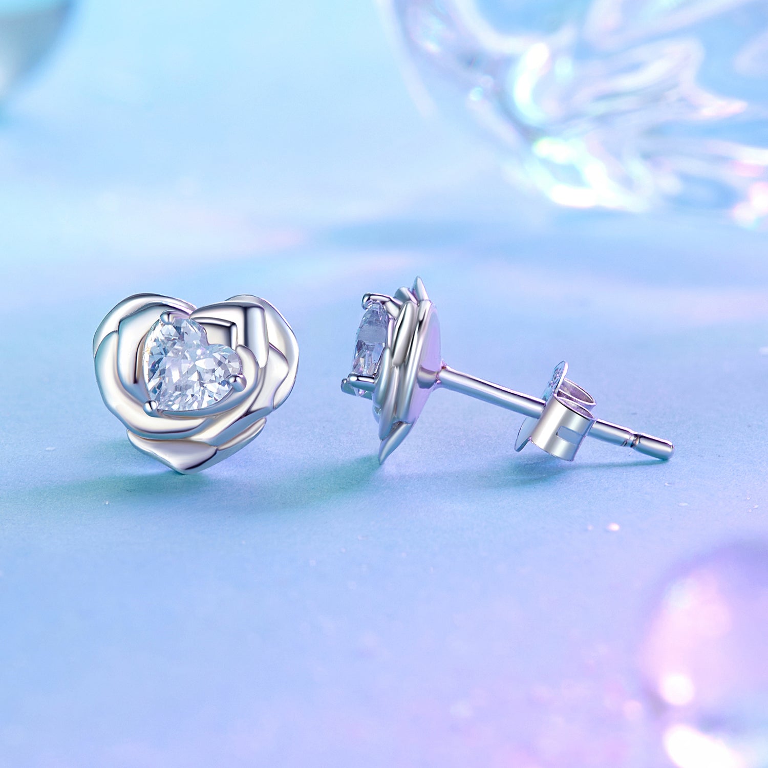 925 Sterling Silver Earrings with Pave Setting CZ and White Gold Plating