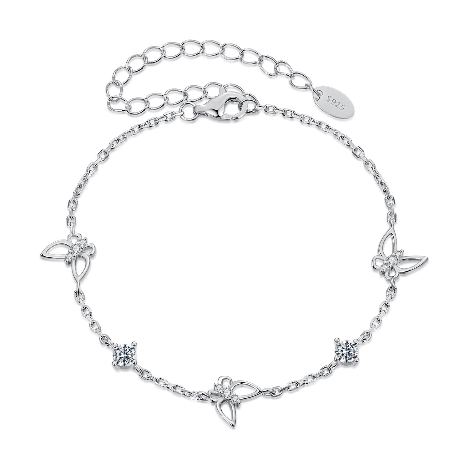925 Sterling Silver White Gold Plated Bracelet with Moissanite, 15+6cm, for Women