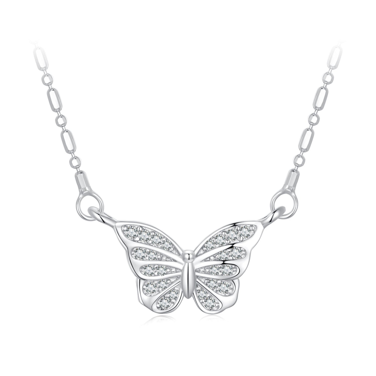 925 Sterling Silver Necklace with Pavé Setting CZ, Length 390+60mm, Pendant Size 8x15mm, for Women
