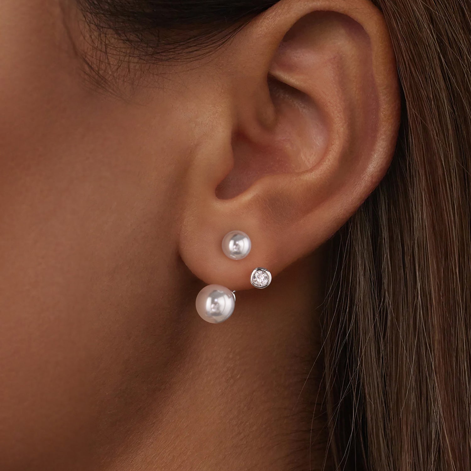 925 Sterling Silver Earrings with CZ and Synthetic Pearl, 1.7cm, White Gold Plated for Women