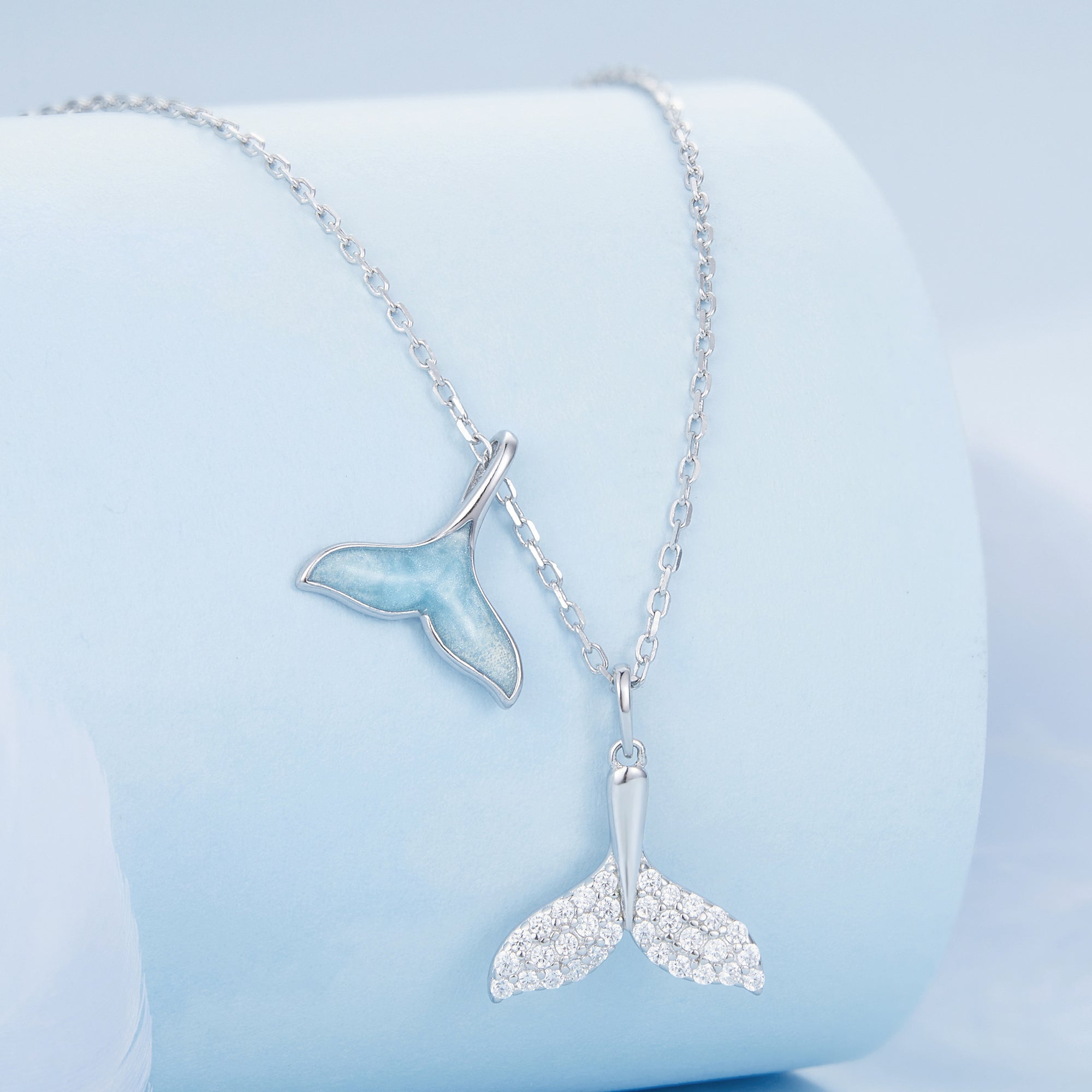 925 Sterling Silver Necklace with CZ & Enamel - 40+5cm Length, Fishtail Design for Women