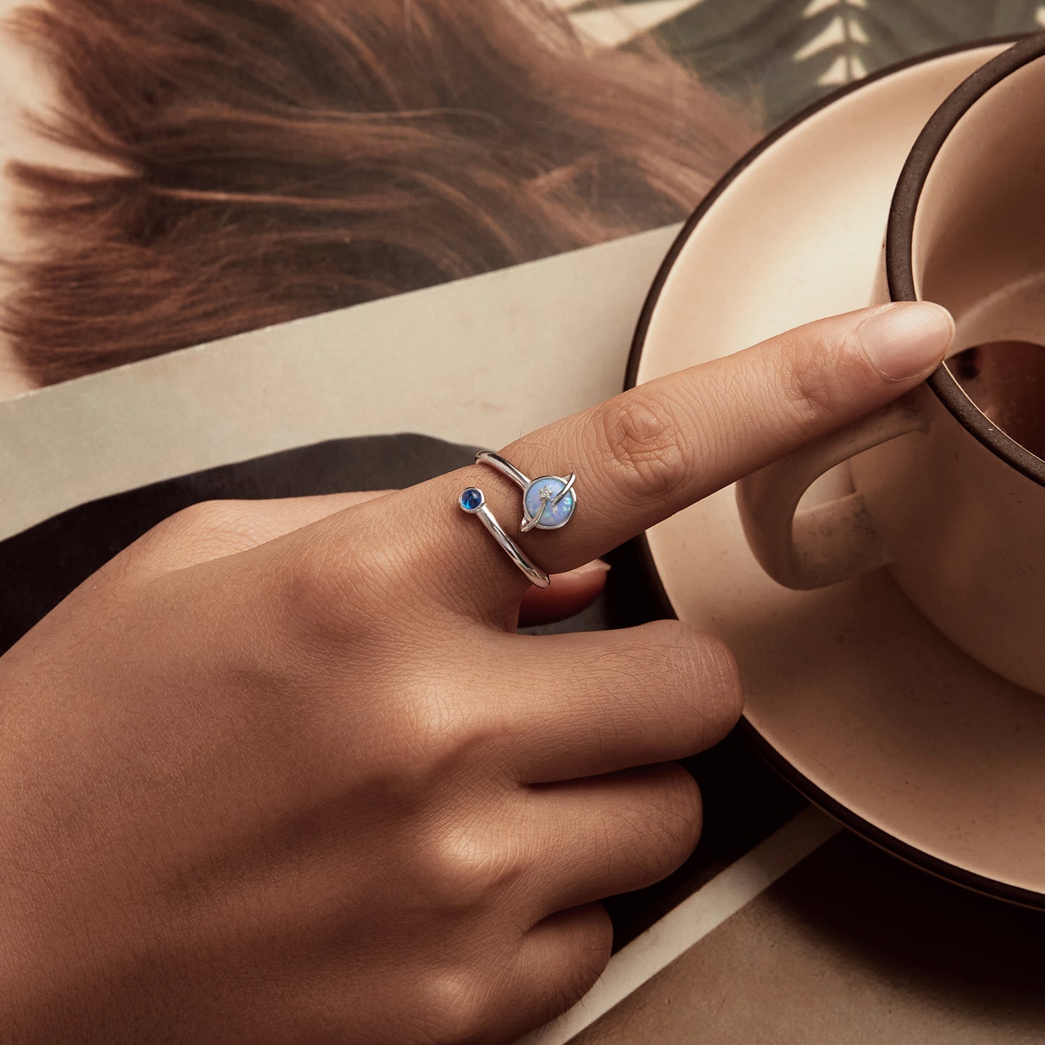 925 Sterling Silver Ring with Pavé Setting, White Gold Plated, with Translucent Opal for Women