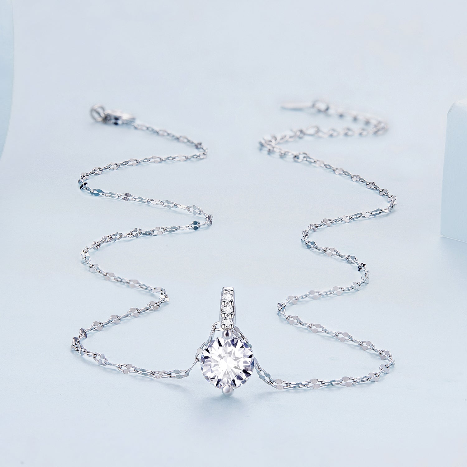 925 Sterling Silver Necklace with Pavé Setting CZ - Adjustable Length, Platinum Plated - Women's Jewelry