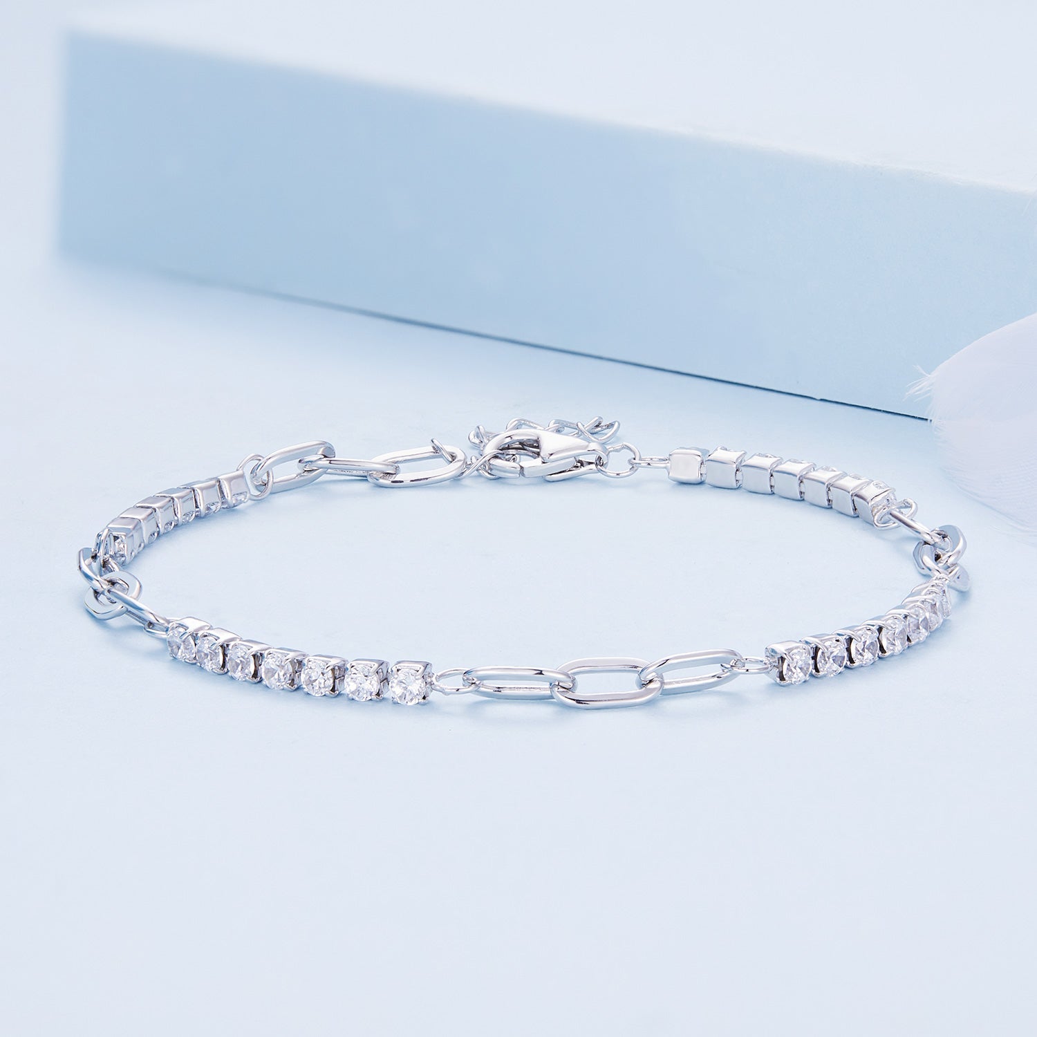 925 Sterling Silver Bracelet with Pavé Setting CZ, Platinum Plated, 14.5+3cm, for Women