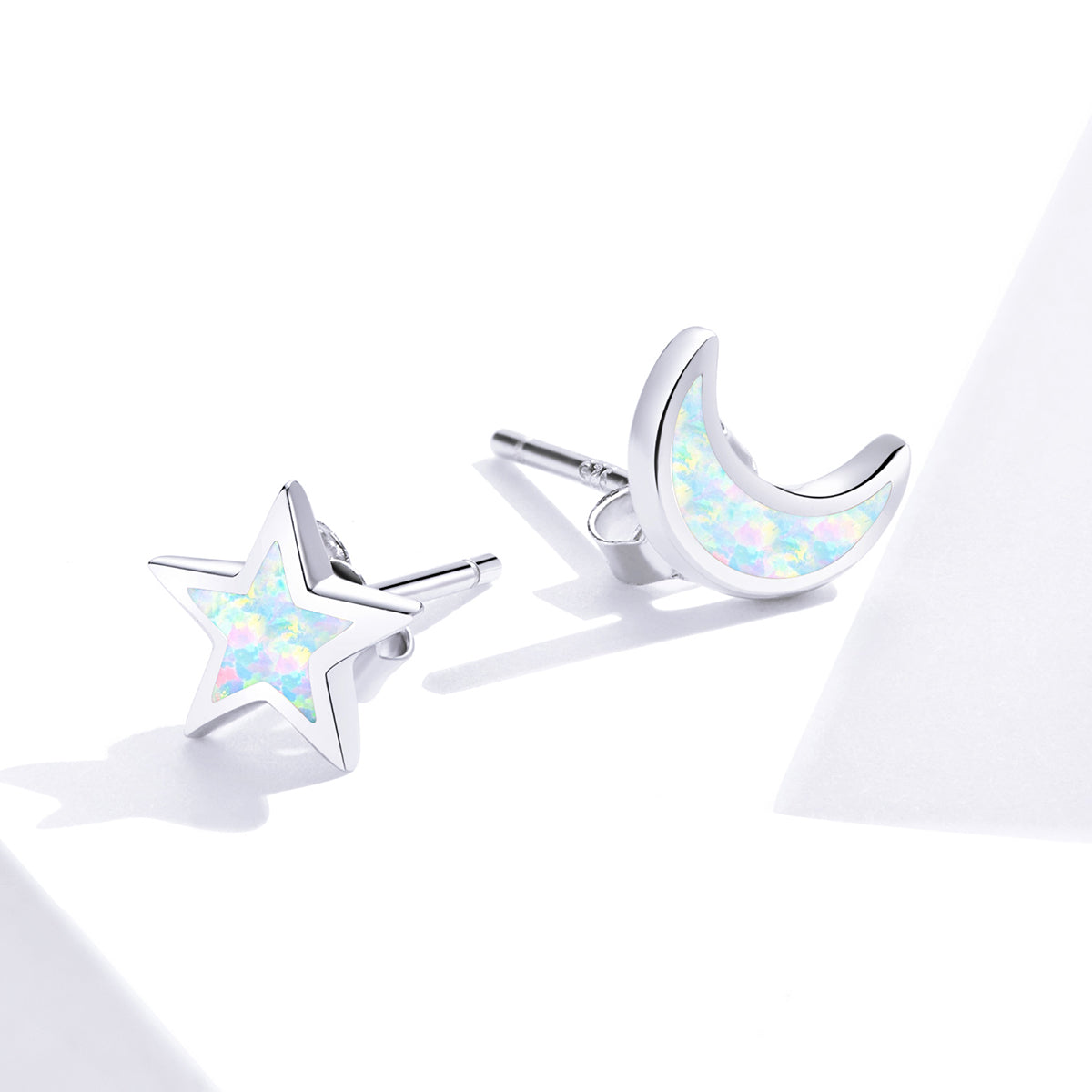 925 Sterling Silver Opal Earrings for Women - Star & Moon Design