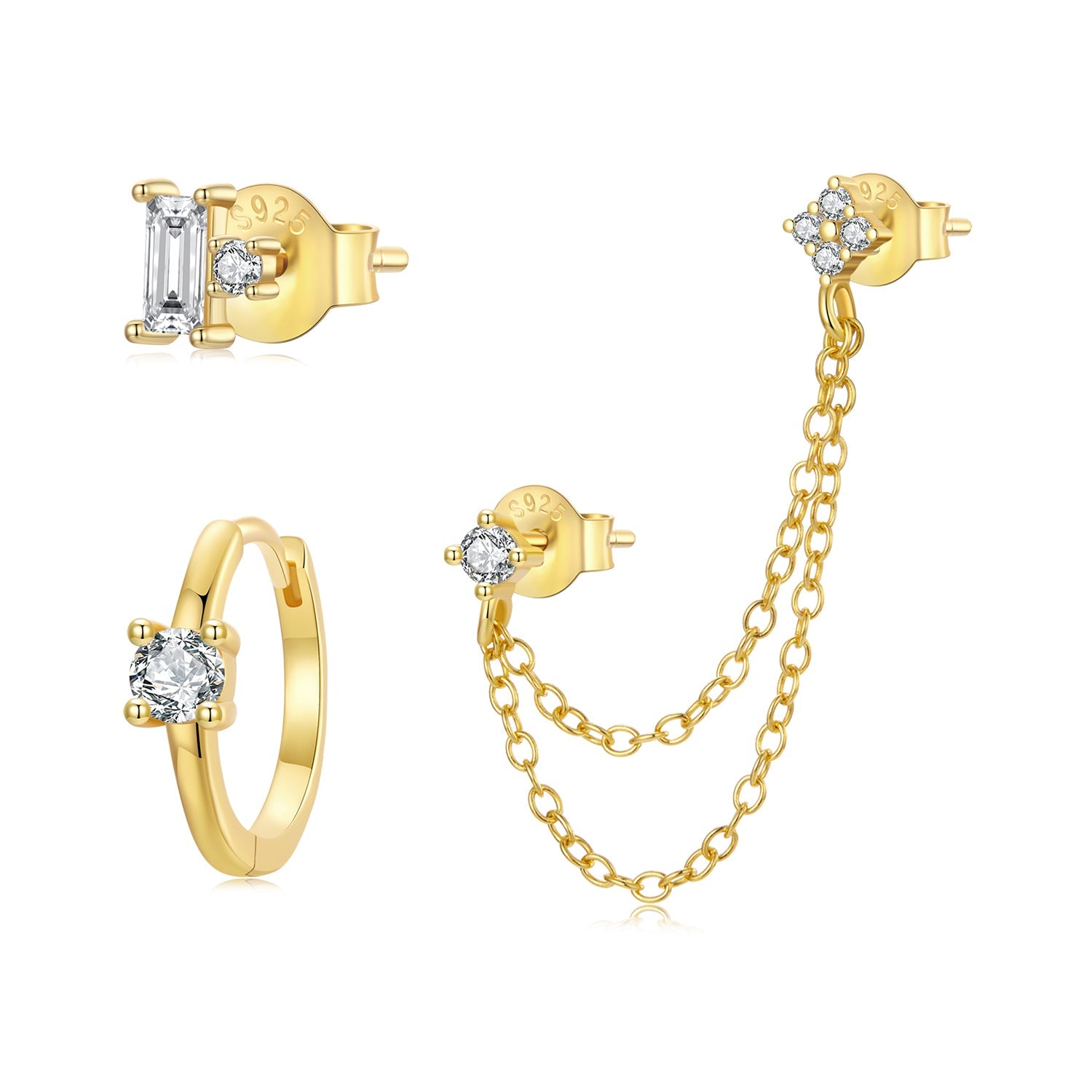 925 Sterling Silver Mini Stud Earrings with Gold Plating and CZ