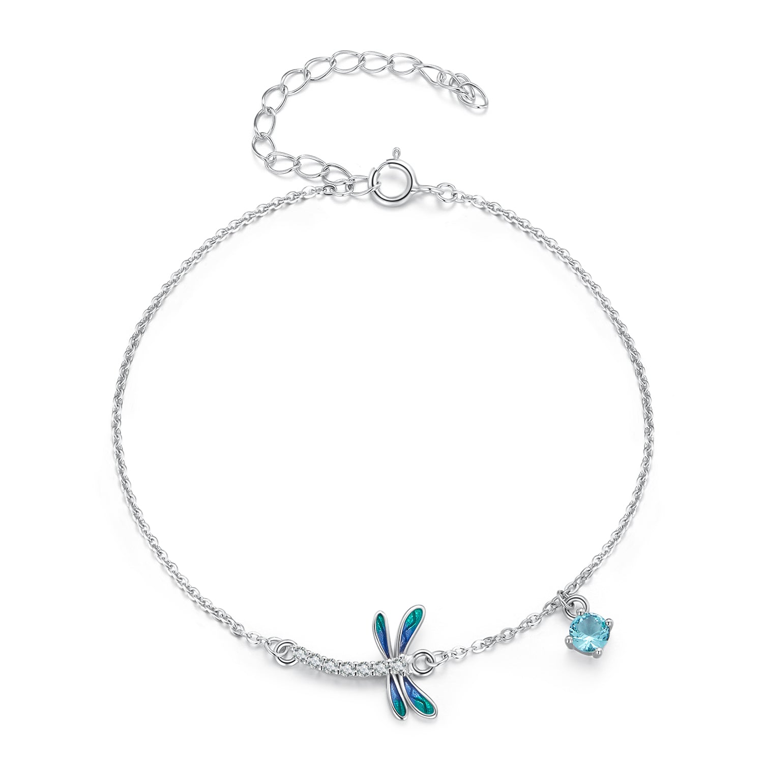 925 Sterling Silver 16.5cm+5cm Enamel Dragonfly Bracelet for Women