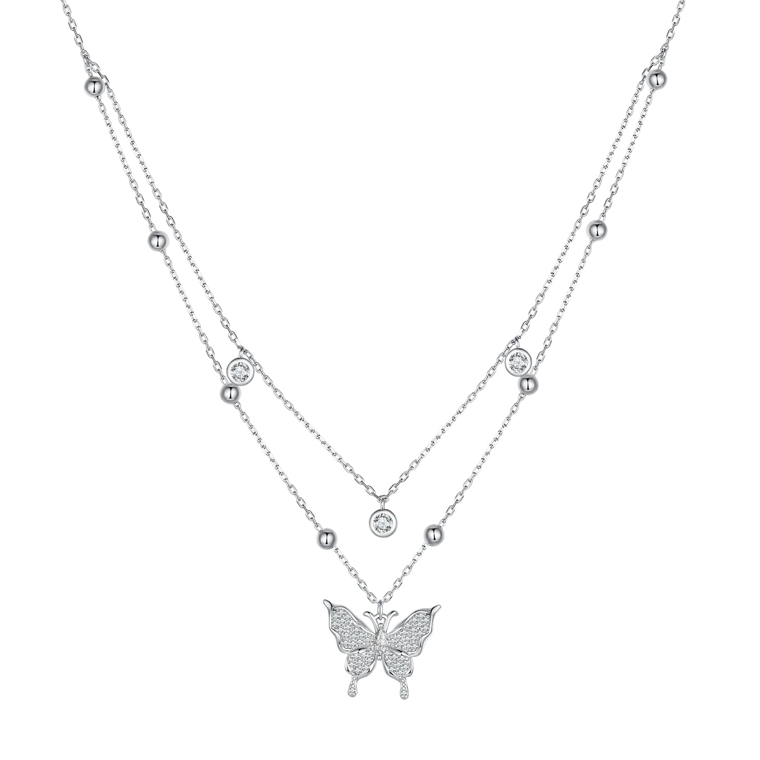 925 Sterling Silver Butterfly Necklace with Pavé Setting CZ, 40cm Length for Women
