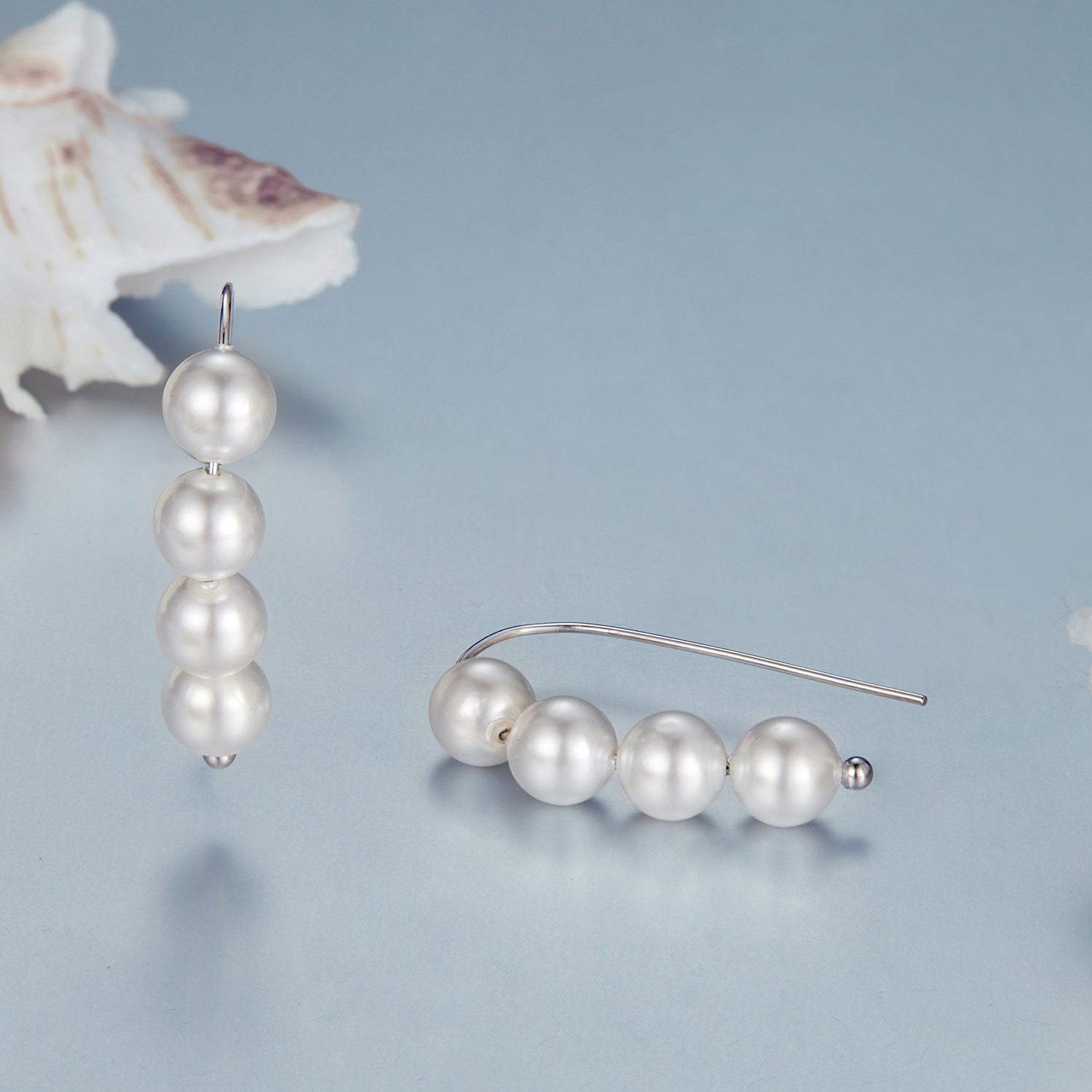 925 Sterling Silver White Gold Plated Earrings with Quality Shell Pearl, 2.1*0.5cm for Women