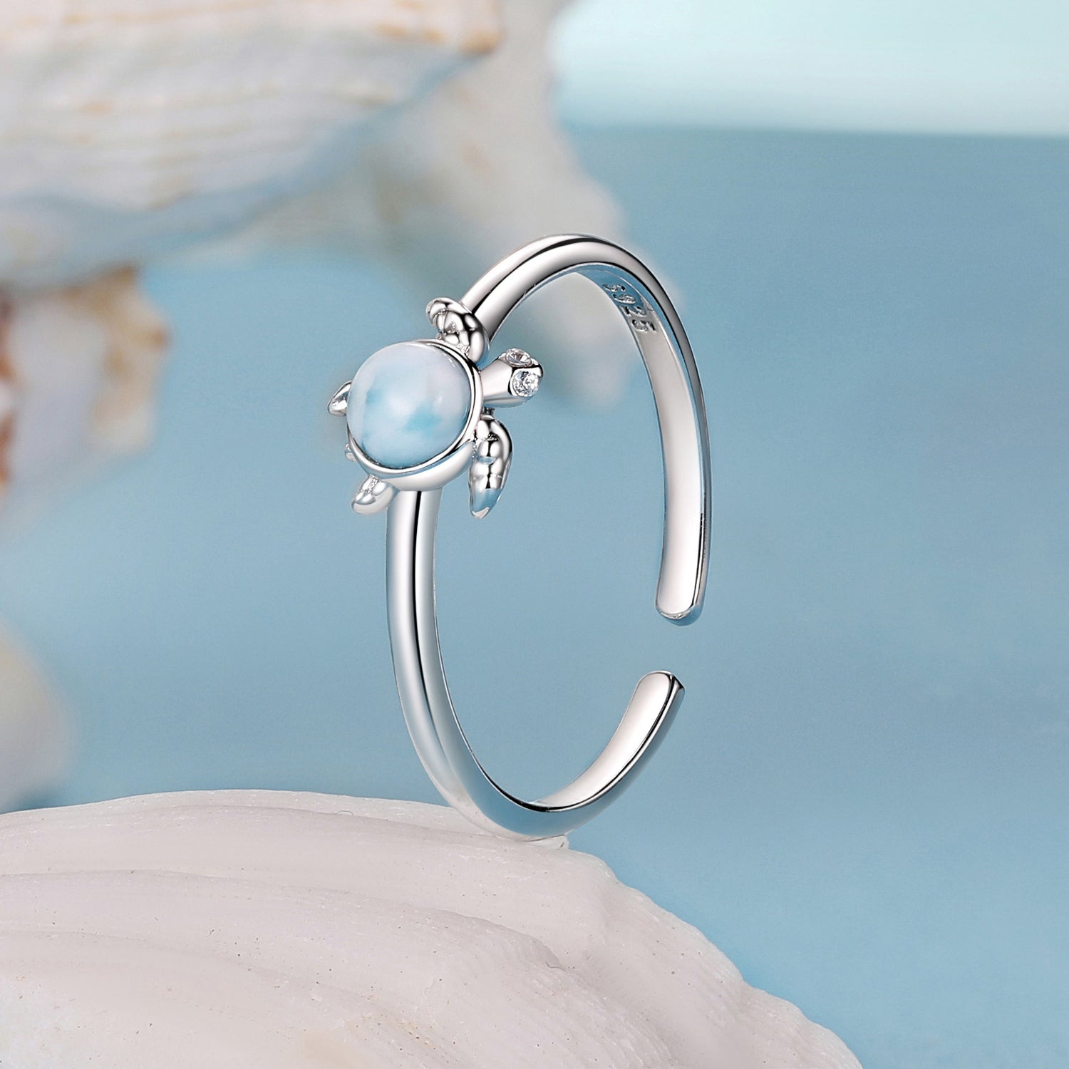 925 Sterling Silver + Plated White Gold Larimar Ring - Style E - 1.6mm Width