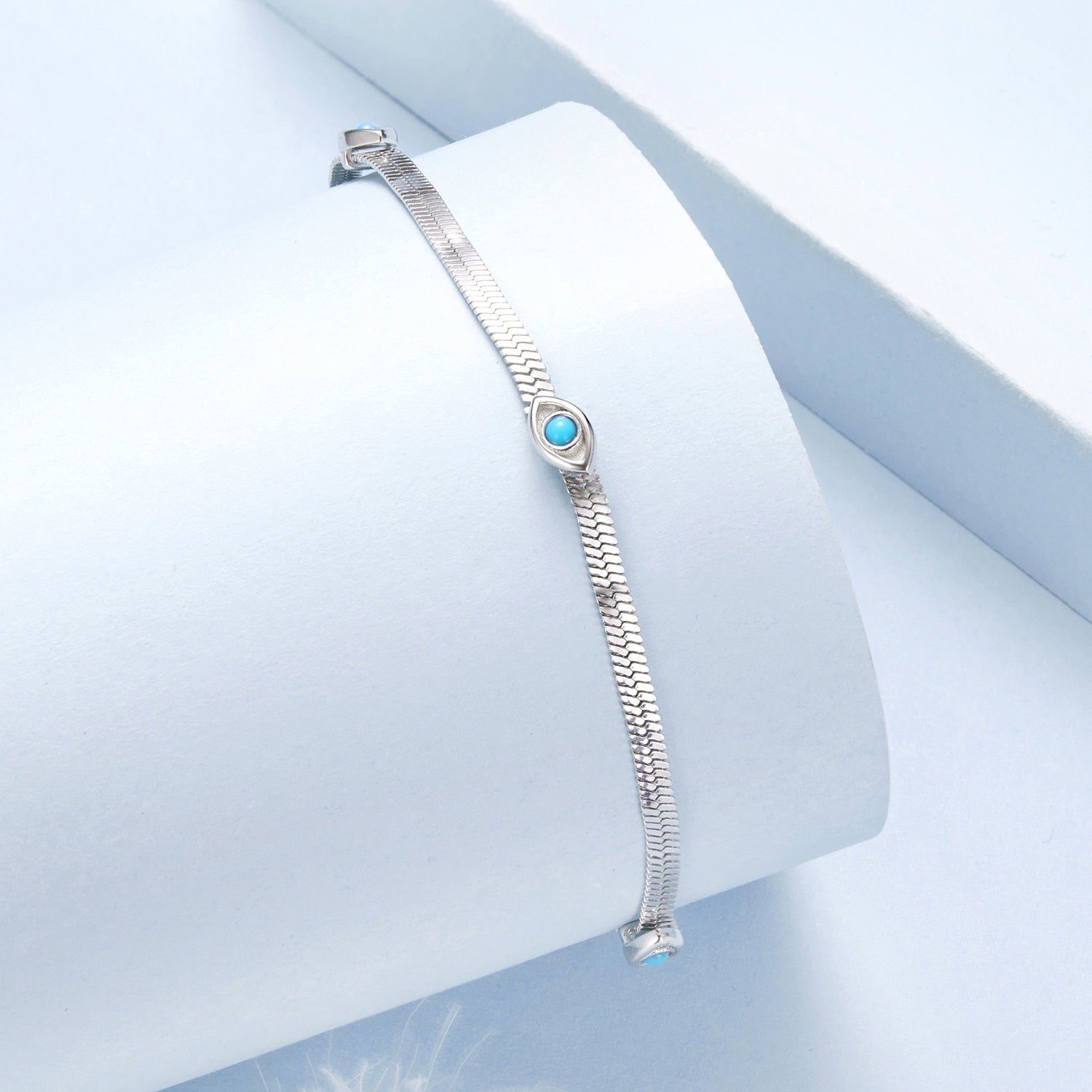 925 Sterling Silver White Gold Plated Multi-Layer Bracelet with Synthetic Turquoise