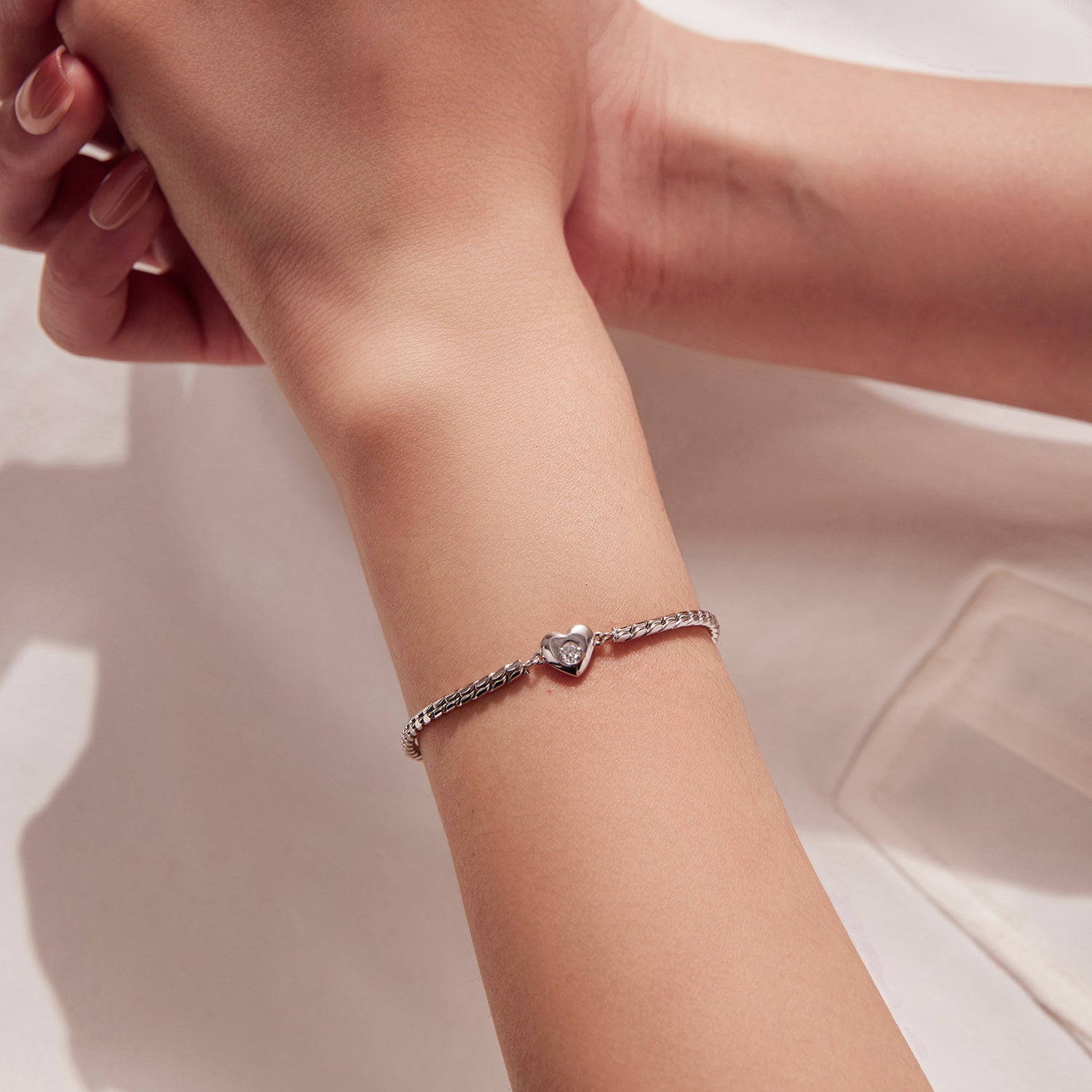 925 Sterling Silver Moissanite Heart Bracelet for Women - Silver - 15+6cm Length, 0.3cm Thickness
