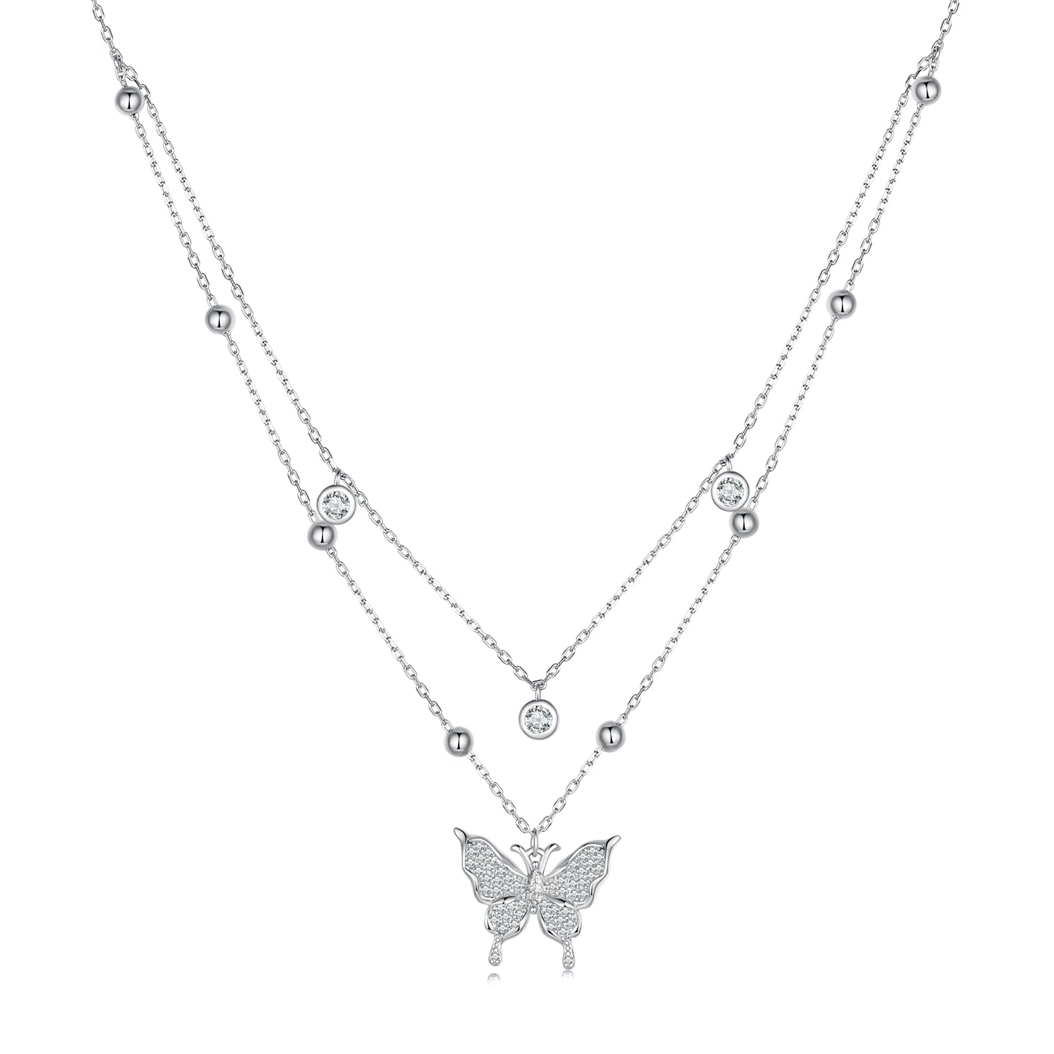 925 Sterling Silver Butterfly Necklace with Pavé Setting CZ, 40cm Length for Women