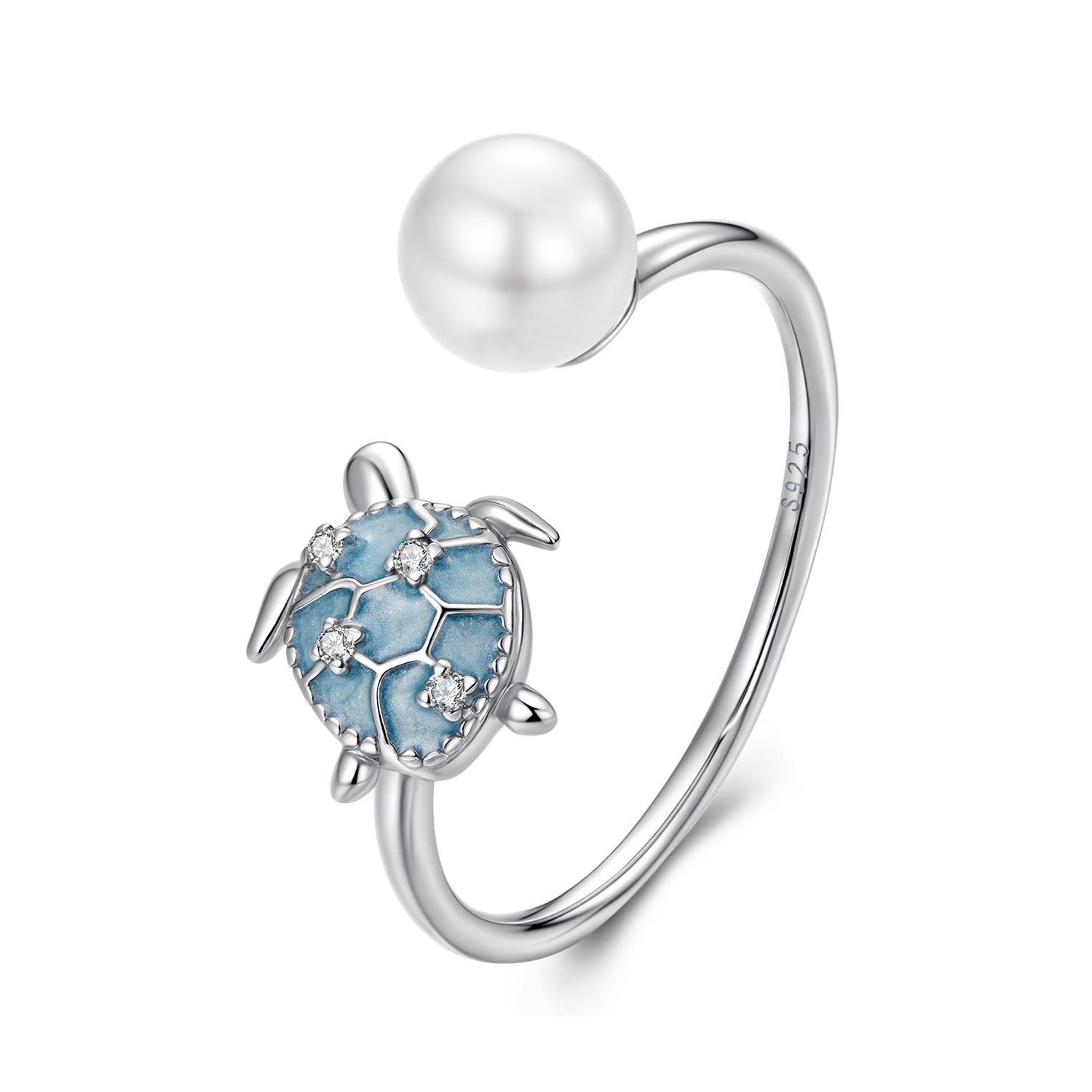 925 Sterling Silver Turtle Ring with Quality Shell Pearl & CZ - Size: nan