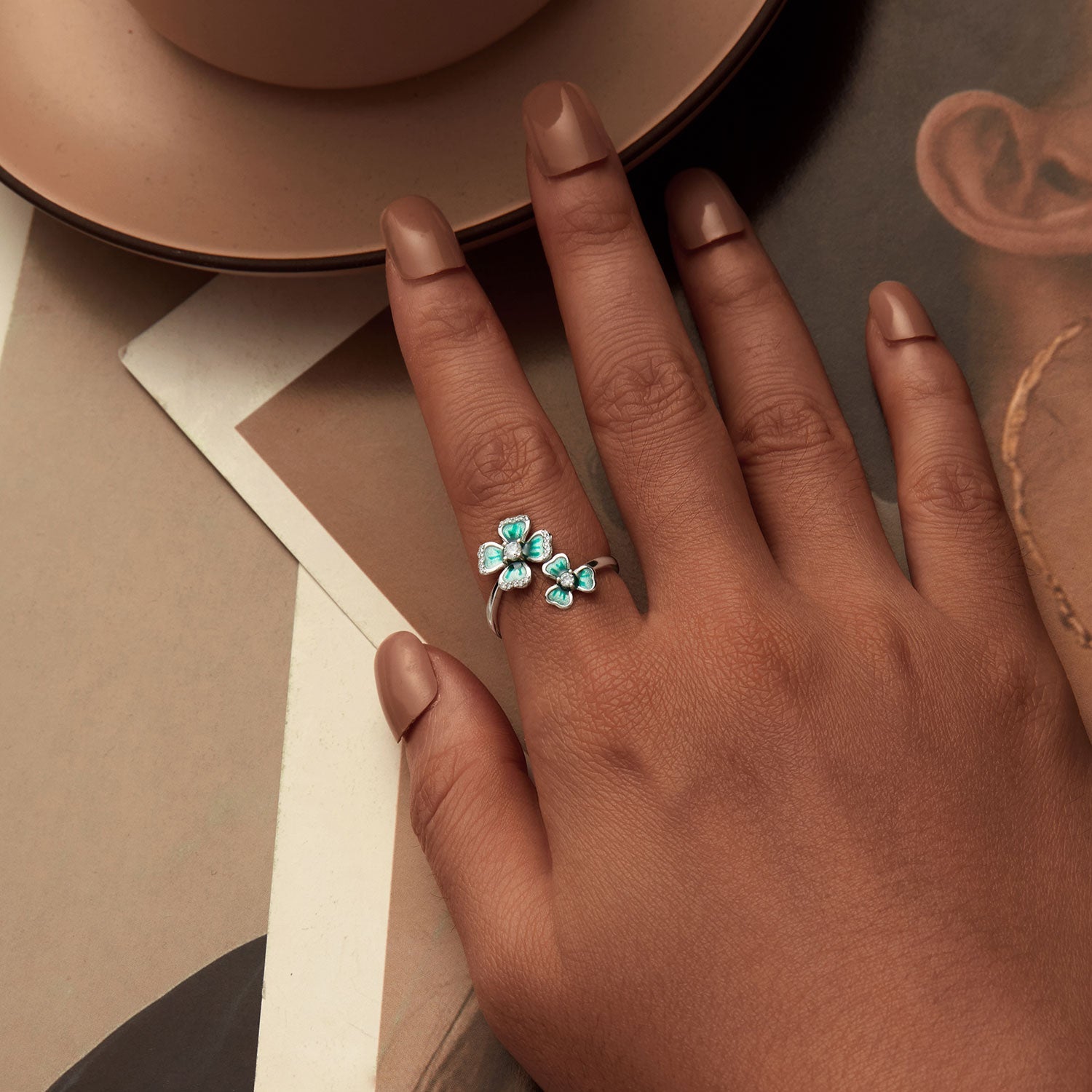 925 Sterling Silver Enamel Pavé CZ Ring for Women