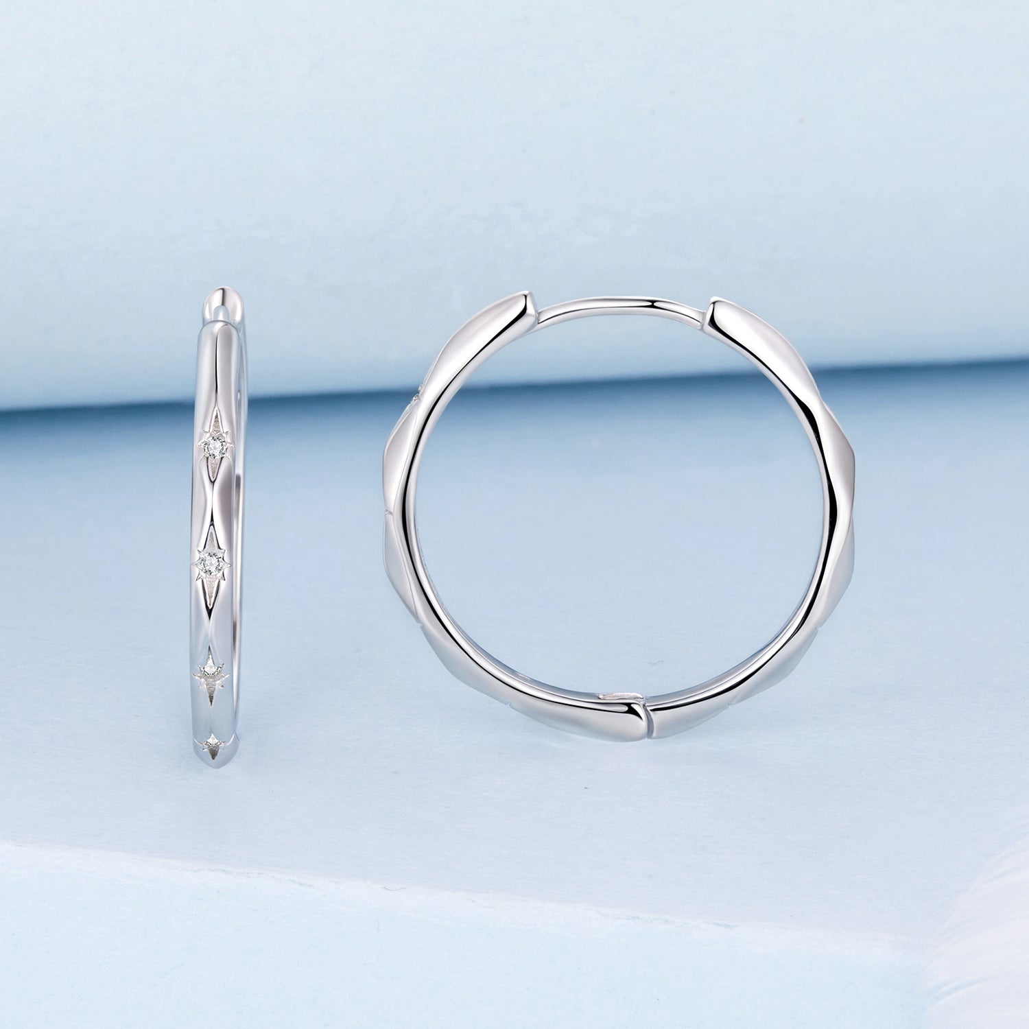 925 Sterling Silver White Gold Plated Hoop Earrings with CZ - 2.0cm