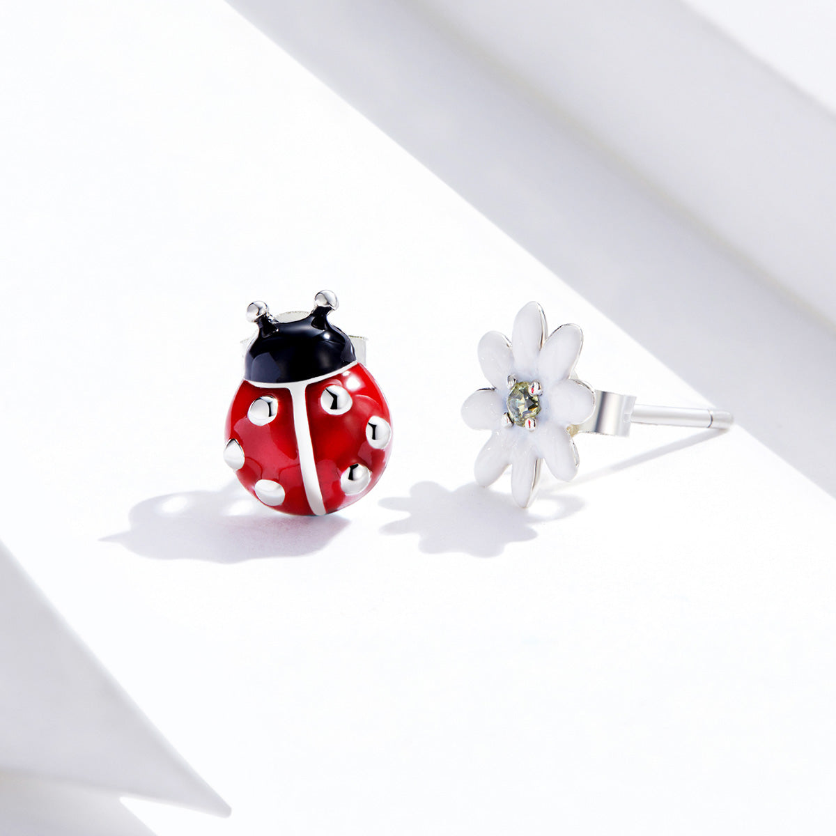 925 Sterling Silver Earrings with Enamel - Bug 1.0 x 0.8 cm, Flower 0.9 x 0.9 cm - Women