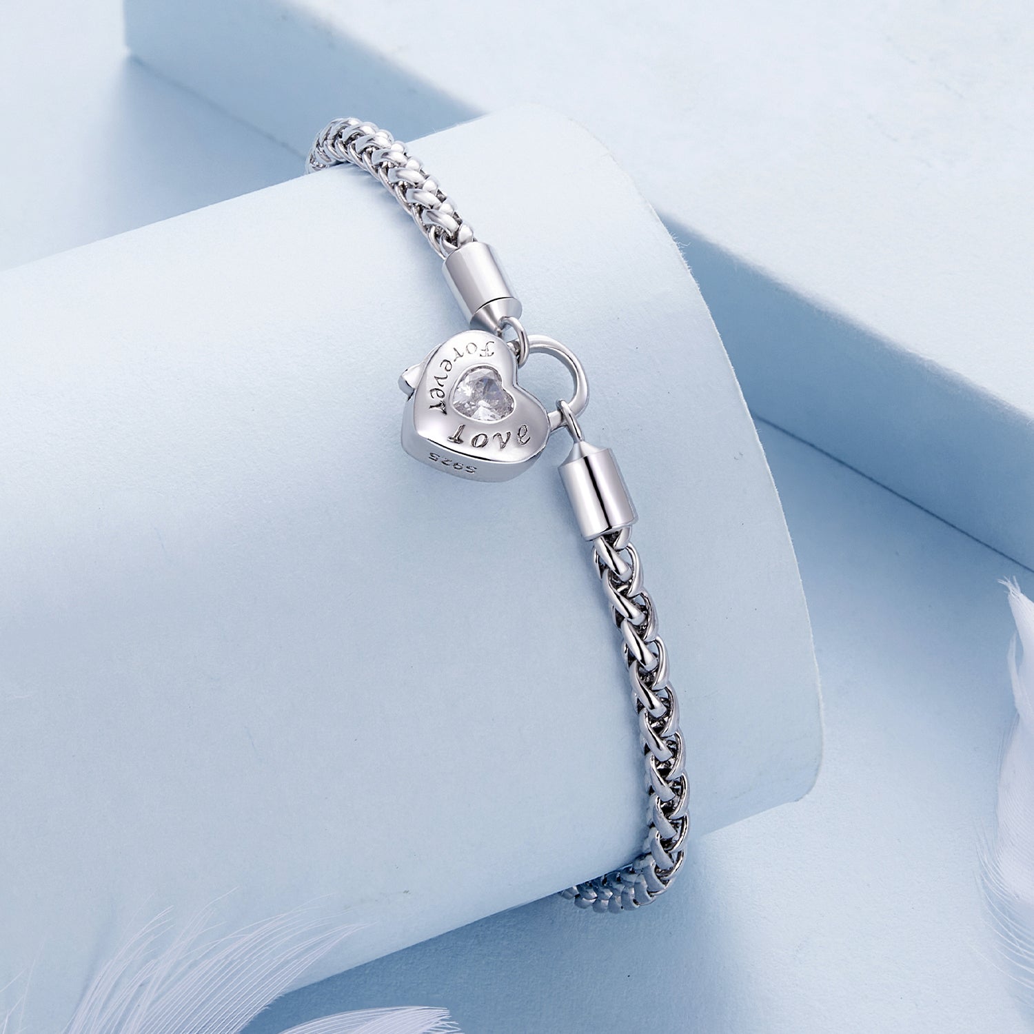 925 Sterling Silver Bracelet with CZ in Pavé Setting, 17.0 Size, Platinum Plated for Women