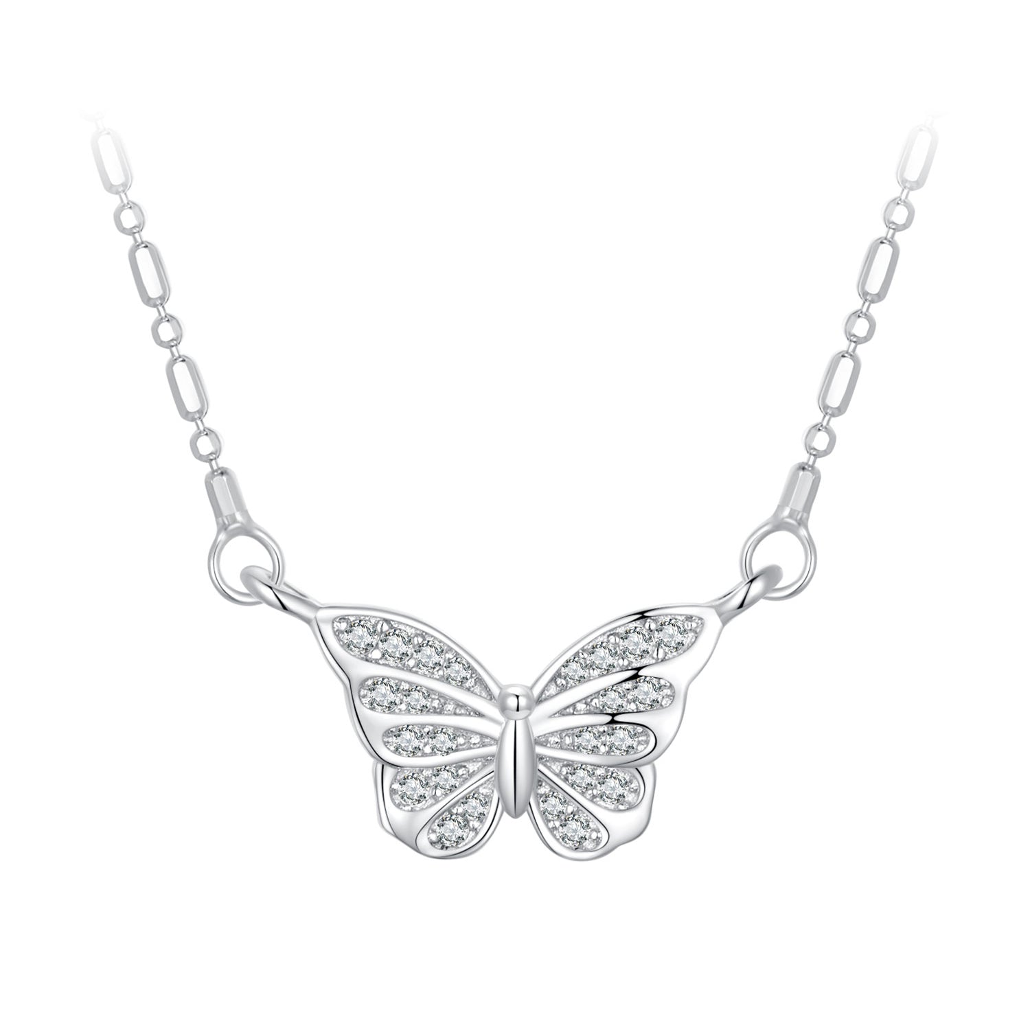 925 Sterling Silver Necklace with Pavé Setting CZ, Length 390+60mm, Pendant Size 8x15mm, for Women