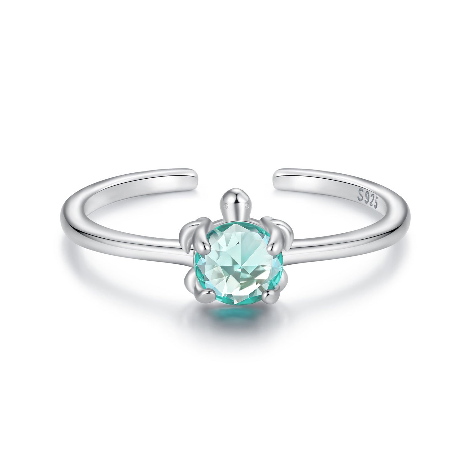 925 Sterling Silver White Gold Plated Transparent Glass Turtle Ring